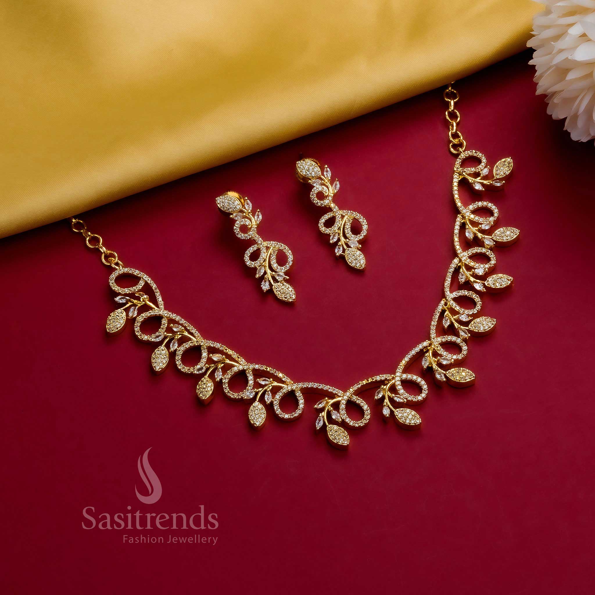 Trendy Rhodium Silver, Rose Gold And Gold Plated American Diamond Floral & Leaf Party Wear Necklace Jewellery Set - Image 3