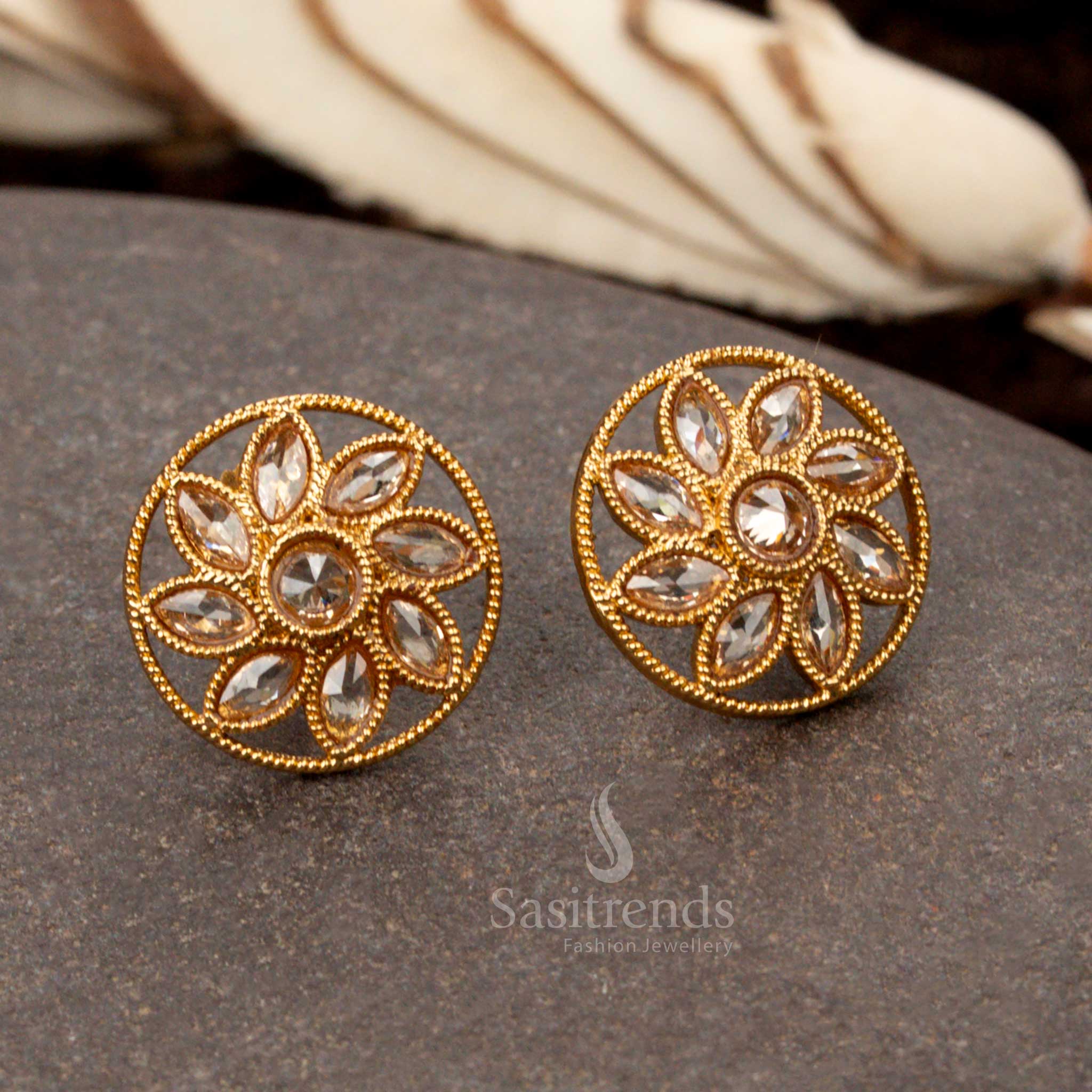 Antique Trendy Gold Plated Polish Stud Earrings with Floral Stone Design - Sasitrends - Image 2