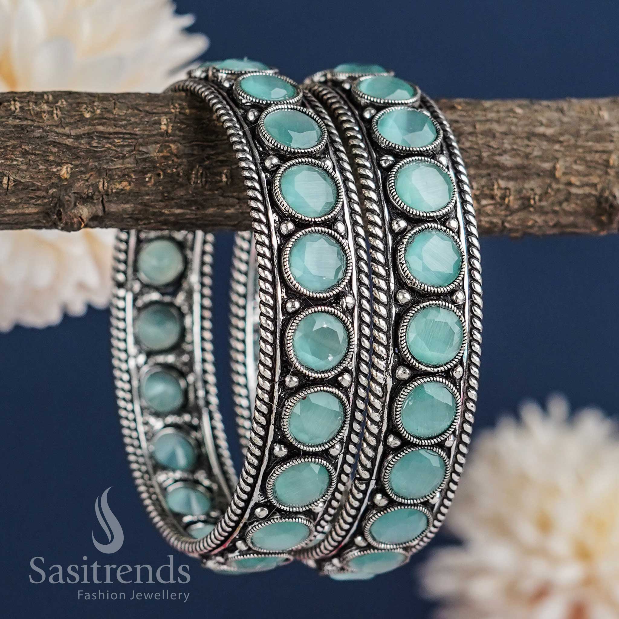 Mesmerizing Oxidised Silver Look Bangles Pair with Mint And Pink Monalisa Stones - Sasitrends