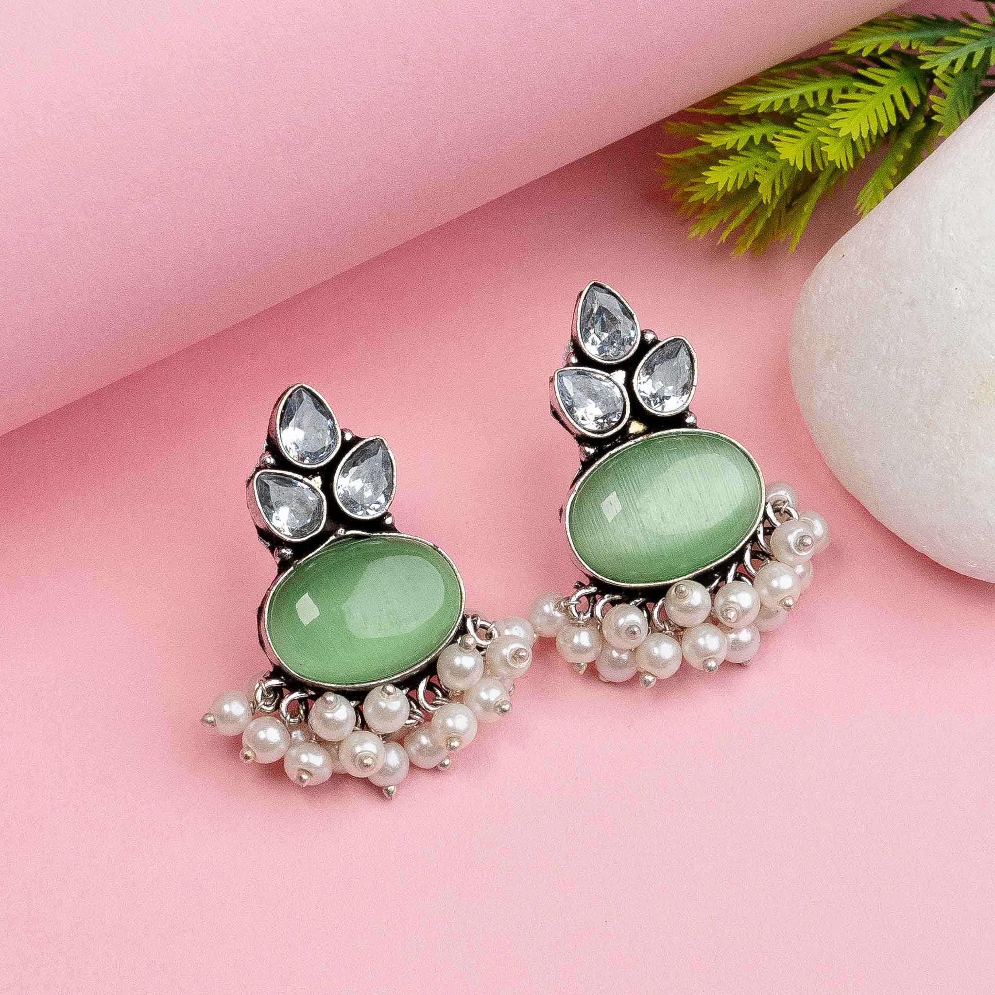Trendy Oxidised Silver Look Alike Earrings with Monalisa AD Stones and Dangling Pearl | Sasitrends - Image 11
