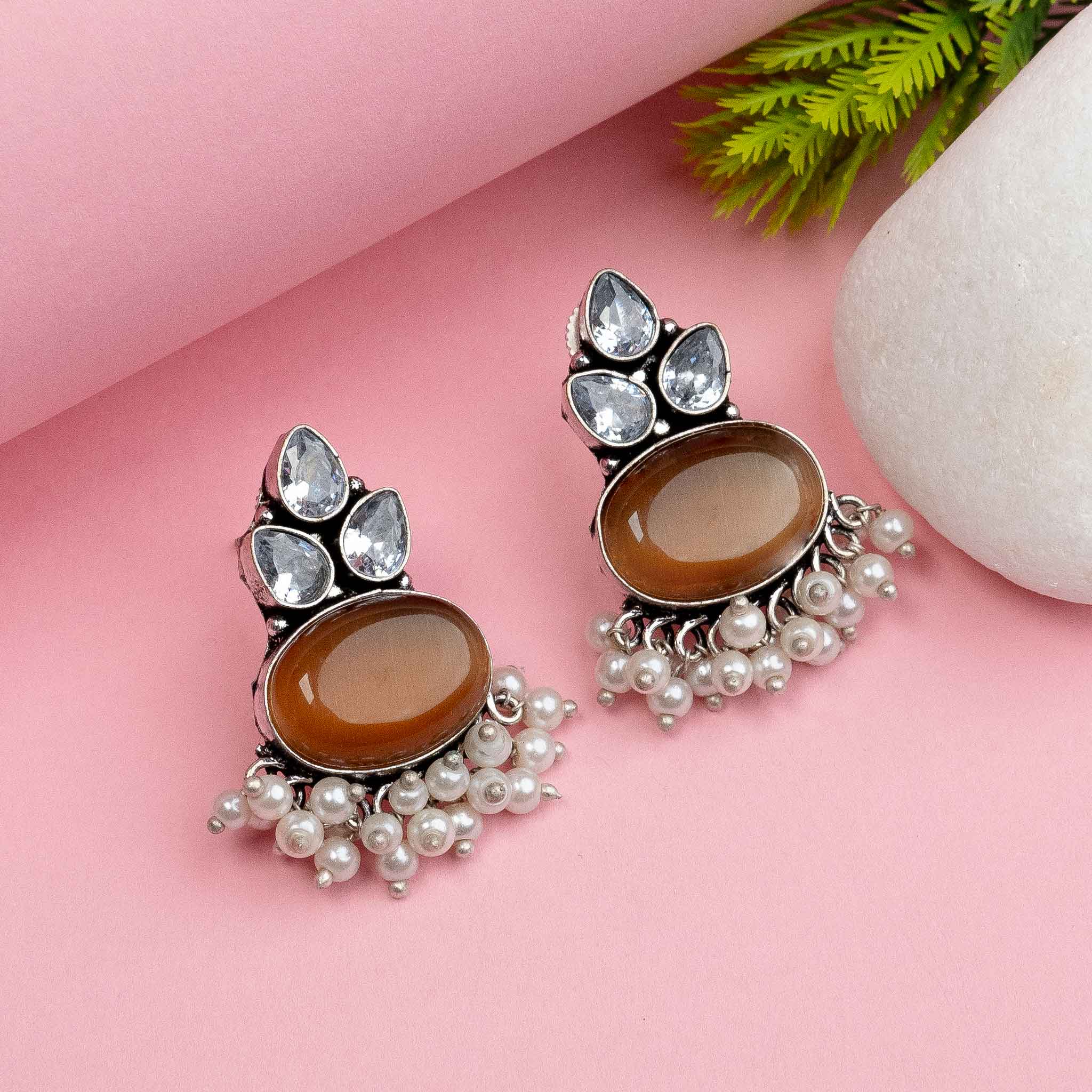 Trendy Oxidised Silver Look Alike Earrings with Monalisa AD Stones and Dangling Pearl | Sasitrends - Image 15