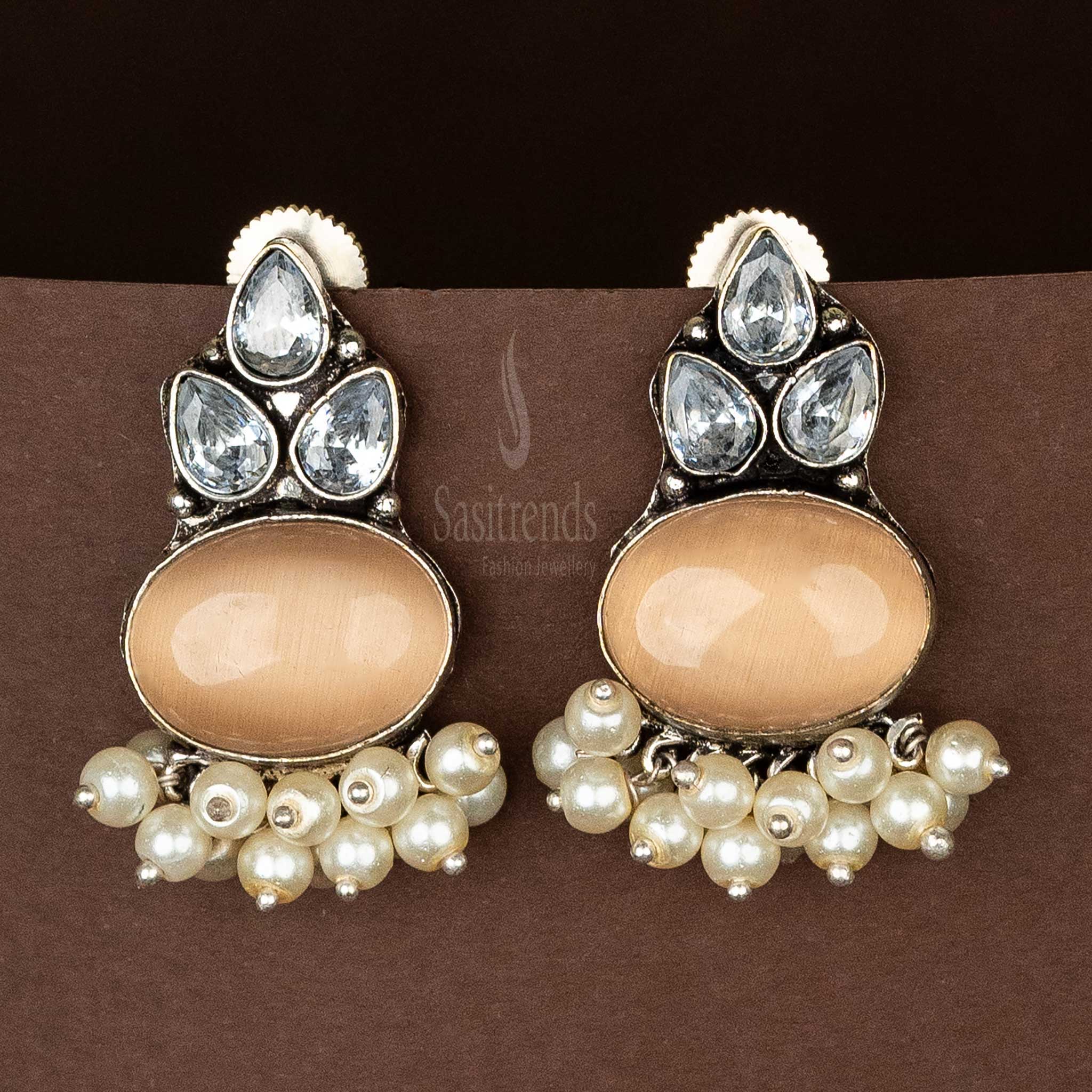 Trendy Oxidised Silver Look Alike Earrings with Monalisa AD Stones and Dangling Pearl | Sasitrends - Image 5