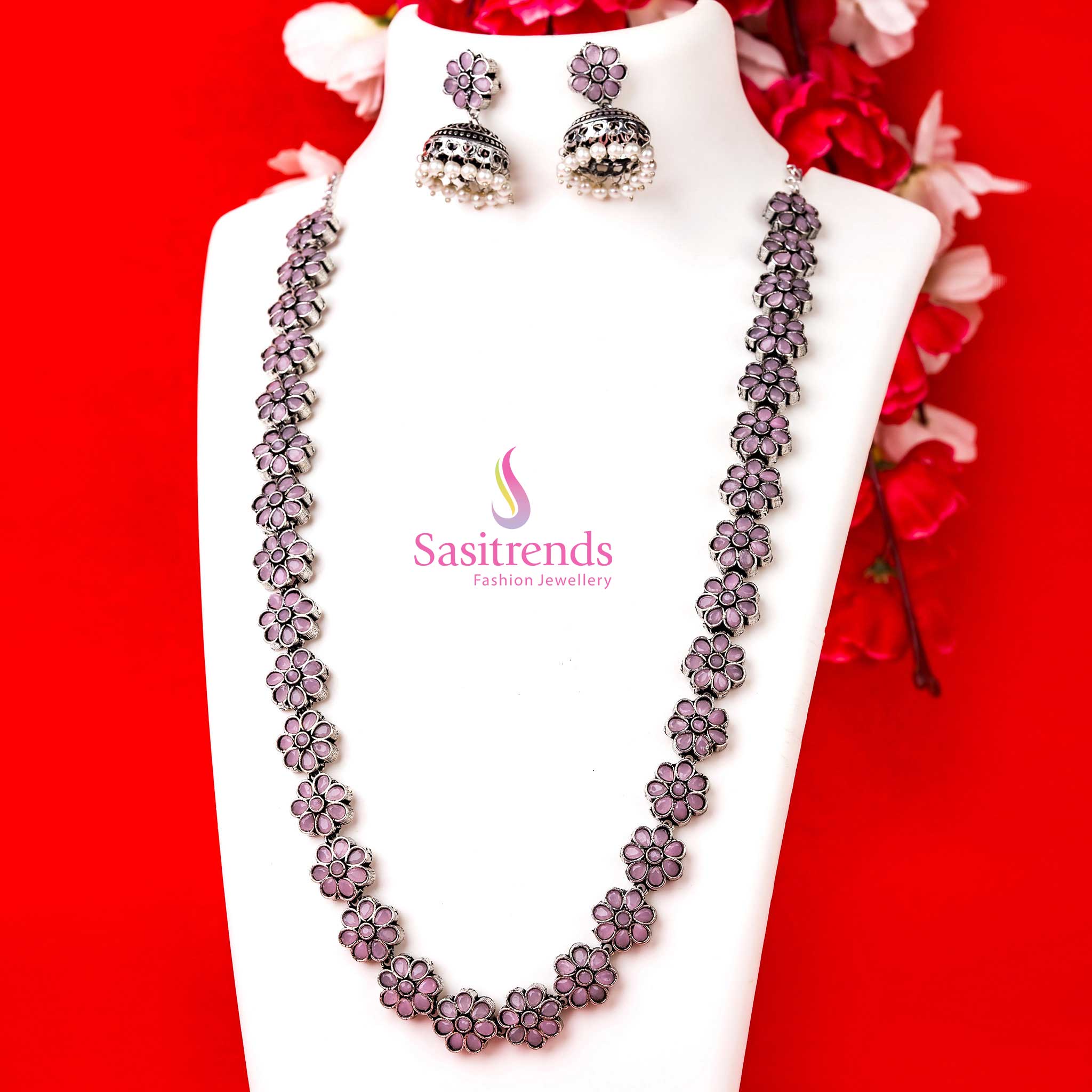 Latest Oxidised Floral Long Necklace Stones Jewellery Set with Pearl Jhumkas - Trendy Party Wear | Sasitrends - Image 8