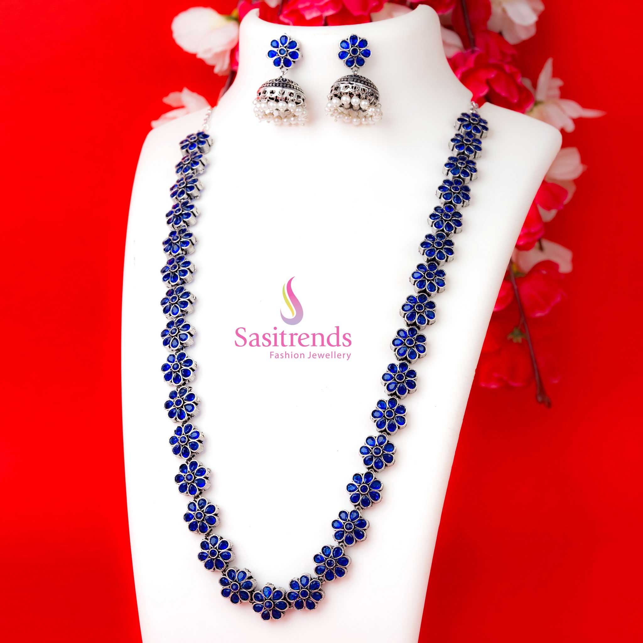 Latest Oxidised Floral Long Necklace Stones Jewellery Set with Pearl Jhumkas - Trendy Party Wear | Sasitrends - Image 9