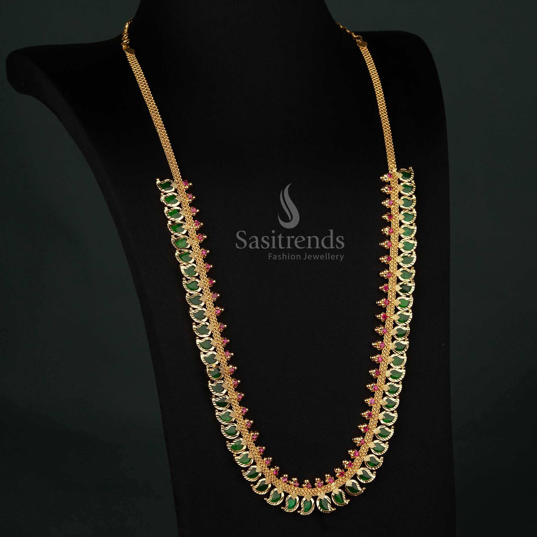 Trendy Kerala Traditional Micro Gold-Plated Mango Palakka Necklace with Pink Stones - Latest Kerala Necklace - Image 3
