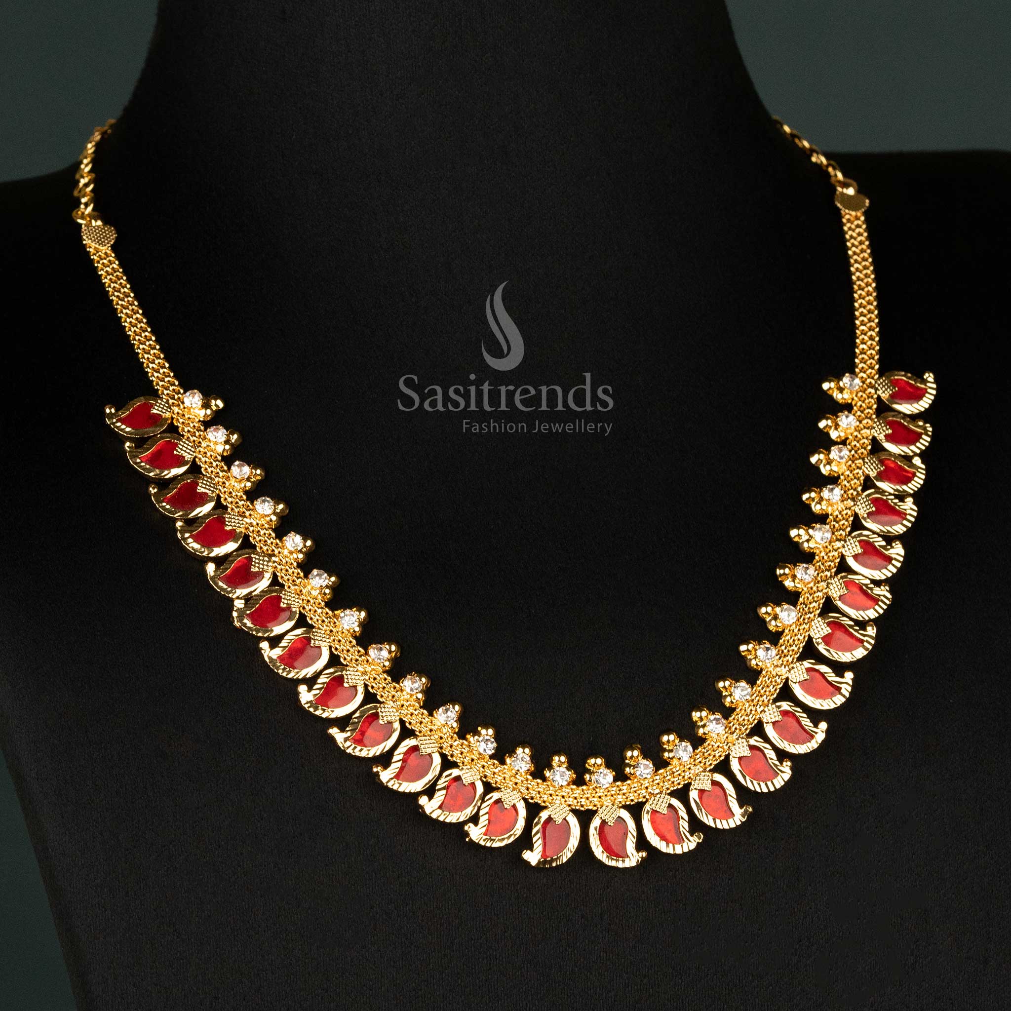 Trendy Kerala Traditional Micro Gold-Plated Mango Palakka Necklace with Pink Stones - Latest Kerala Necklace - Image 4