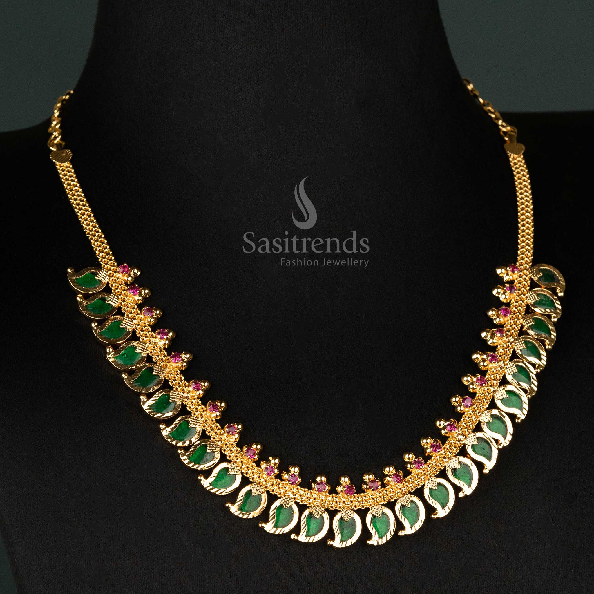 Trendy Kerala Traditional Micro Gold-Plated Mango Palakka Necklace with Pink Stones - Latest Kerala Necklace - Image 6