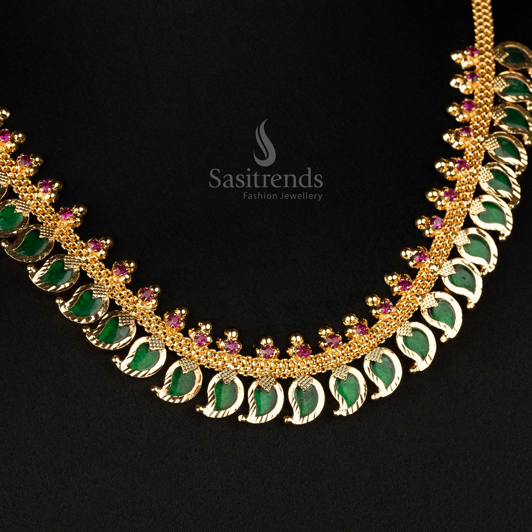 Trendy Kerala Traditional Micro Gold-Plated Mango Palakka Necklace with Pink Stones - Latest Kerala Necklace - Image 7
