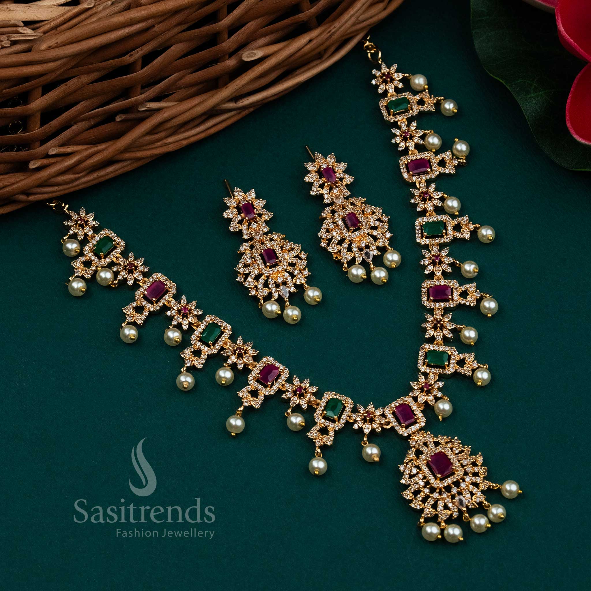 New Micro Gold Plated Bridal Wear Flower Pendant American Diamond  Pearl Necklace Jewellery Set | Sasitrends - Image 7