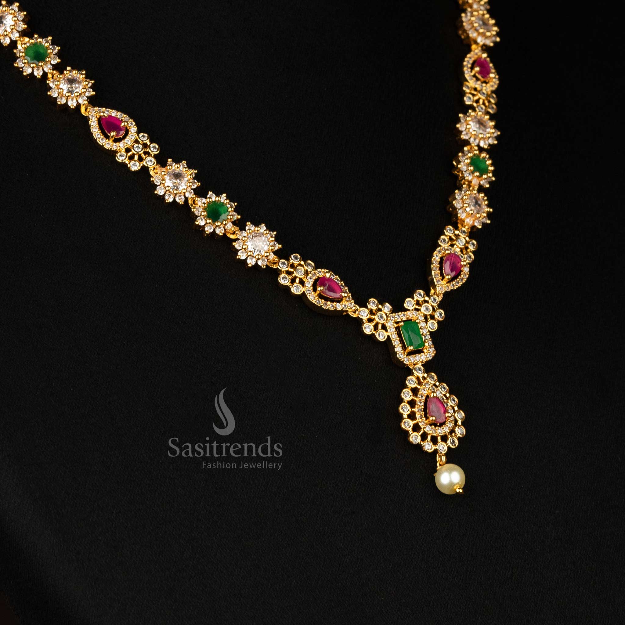 Trendy Micro Gold Plated Flower Pendant American Diamond Necklace Jewellery Set for Women | Sasitrends - Image 4