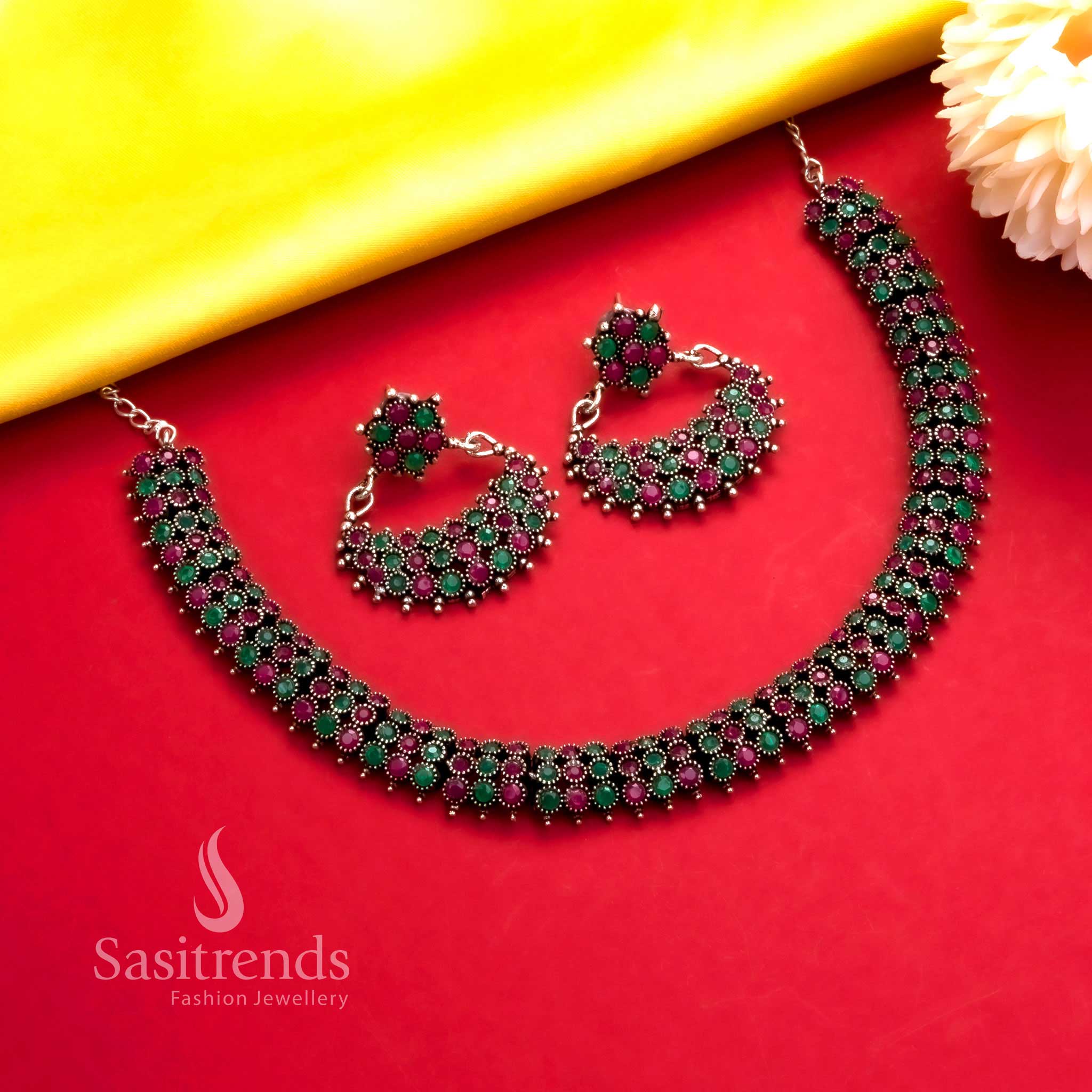 Trendy Party Wear Oxidised Silver Stones Necklace Jewellery Set with Earrings - Festive Collection | Sasitrends