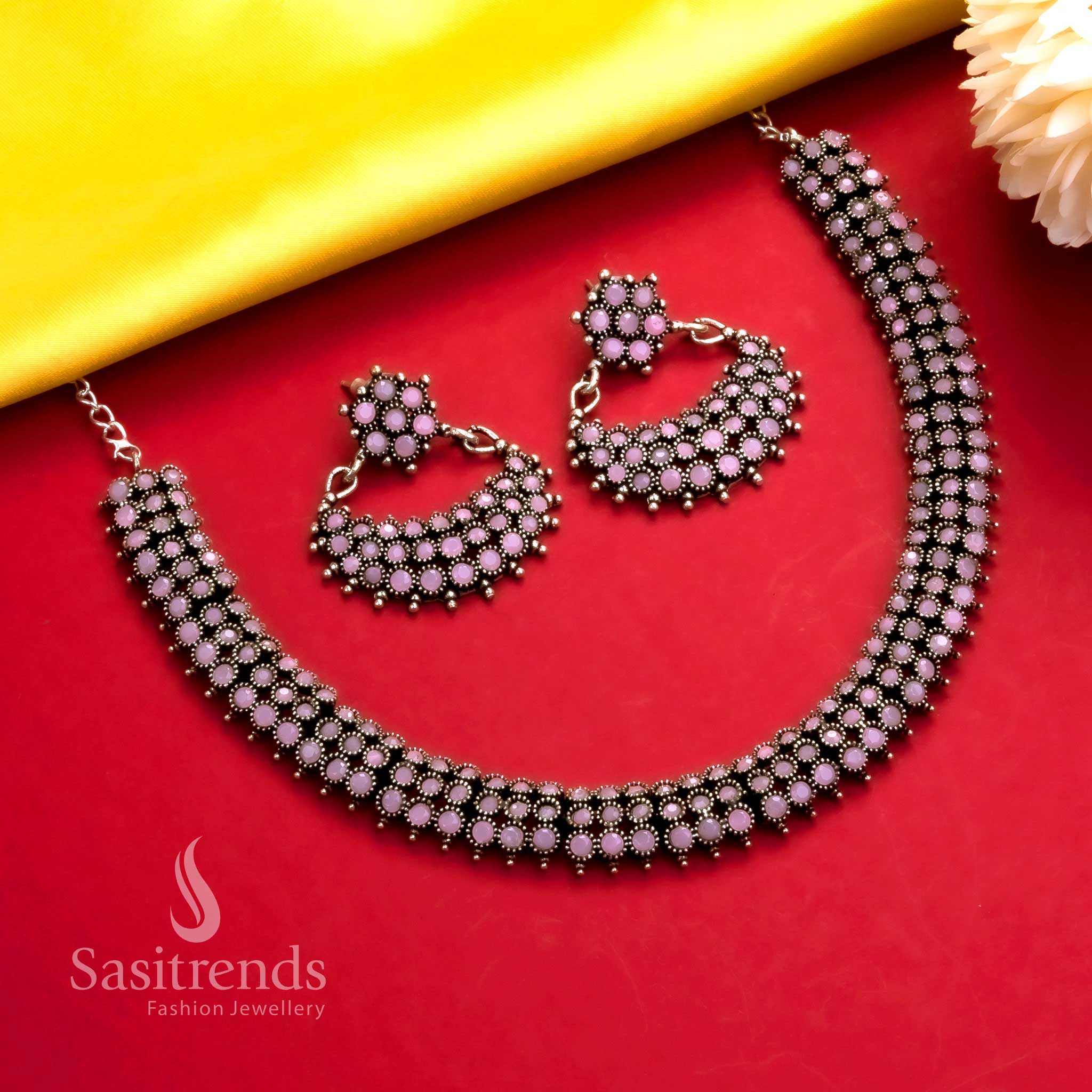 Trendy Party Wear Oxidised Silver Stones Necklace Jewellery Set with Earrings - Festive Collection | Sasitrends - Image 3