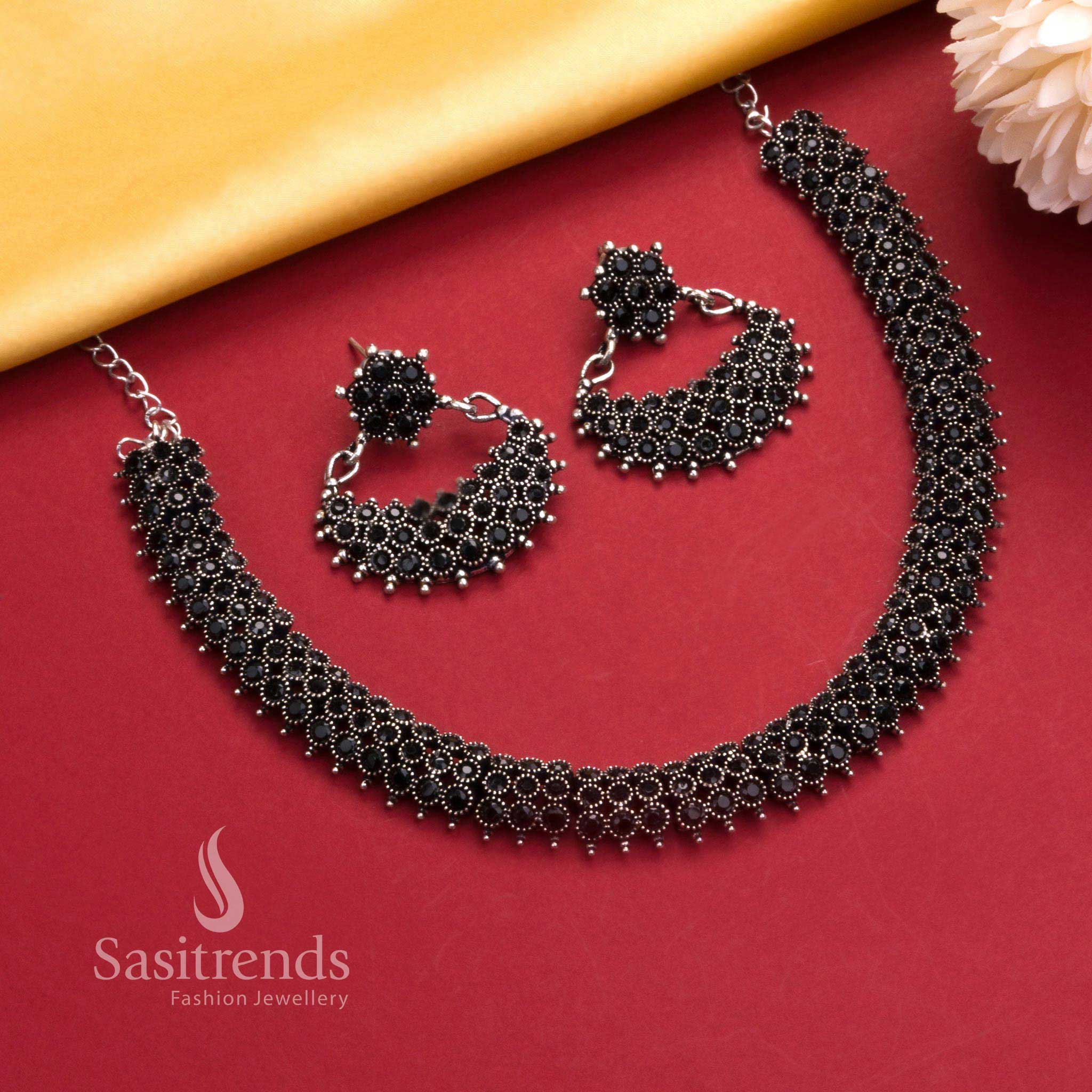 Trendy Party Wear Oxidised Silver Stones Necklace Jewellery Set with Earrings - Festive Collection | Sasitrends - Image 4