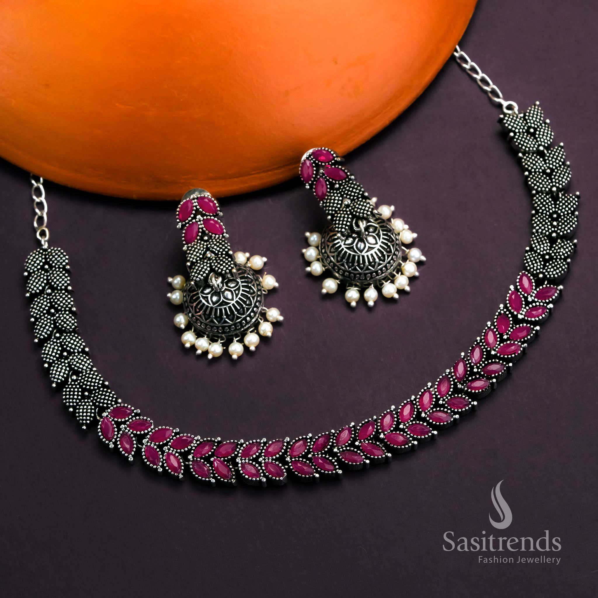 Party Elegance: Oxidised Leaf Designer Stones Necklace Jewellery Set with Pearl Jhumkas | Sasitrends - Image 4