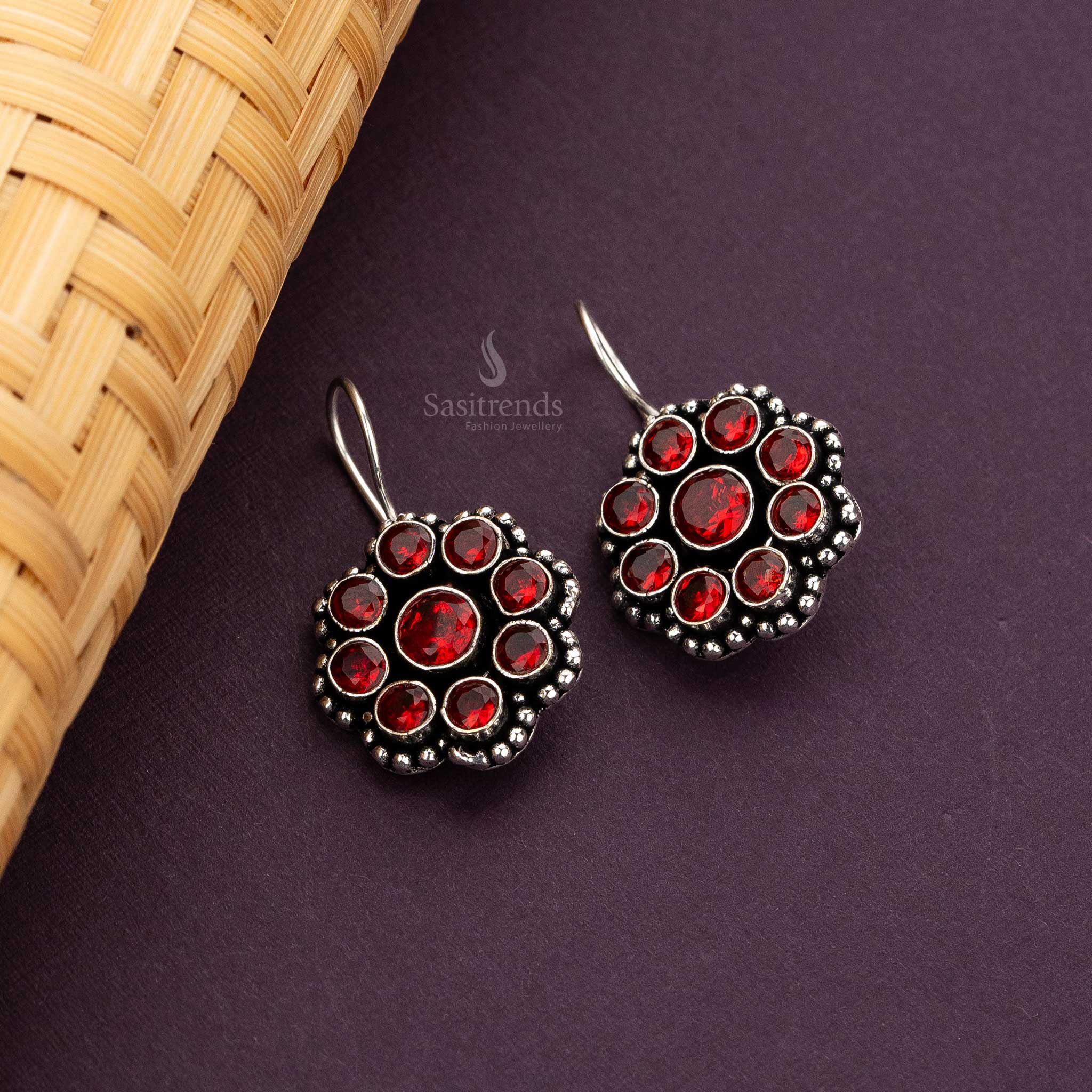 Sasitrends - Oxidised Silver Floral Drop Earrings with Multi-Coloured Stones - Image 10