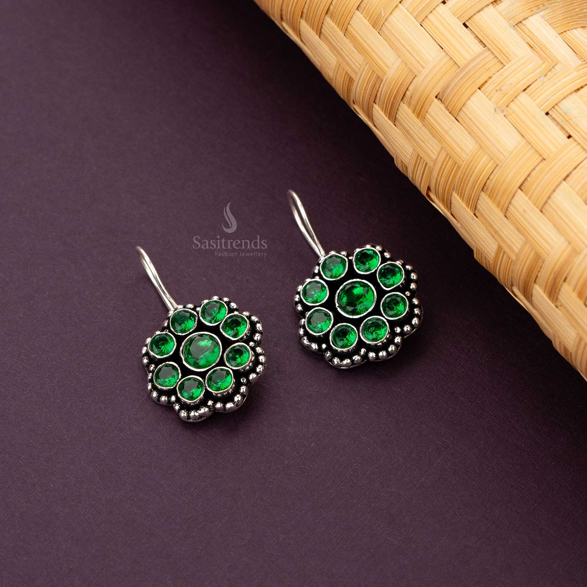 Sasitrends - Oxidised Silver Floral Drop Earrings with Multi-Coloured Stones - Image 3