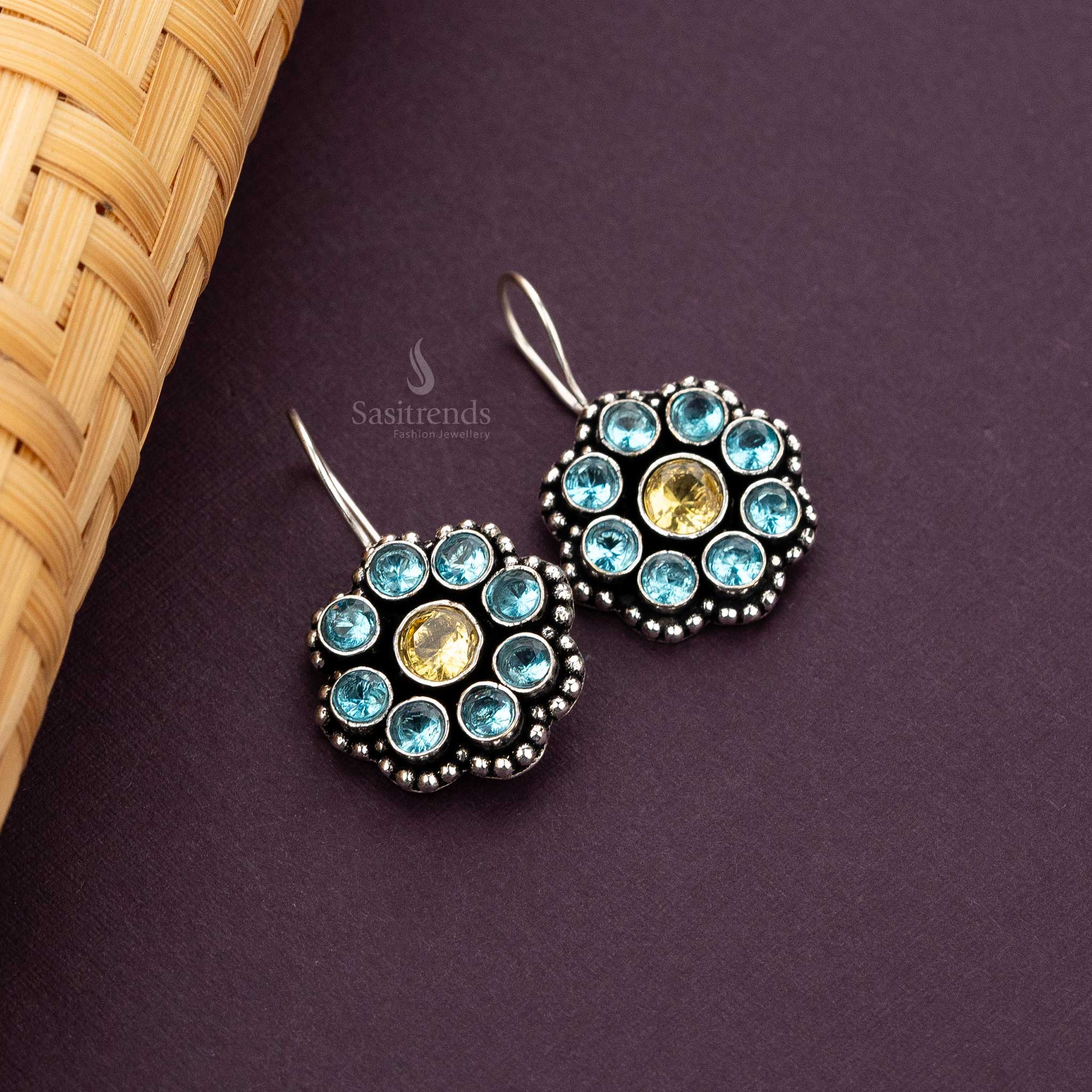Sasitrends - Oxidised Silver Floral Drop Earrings with Multi-Coloured Stones - Image 5