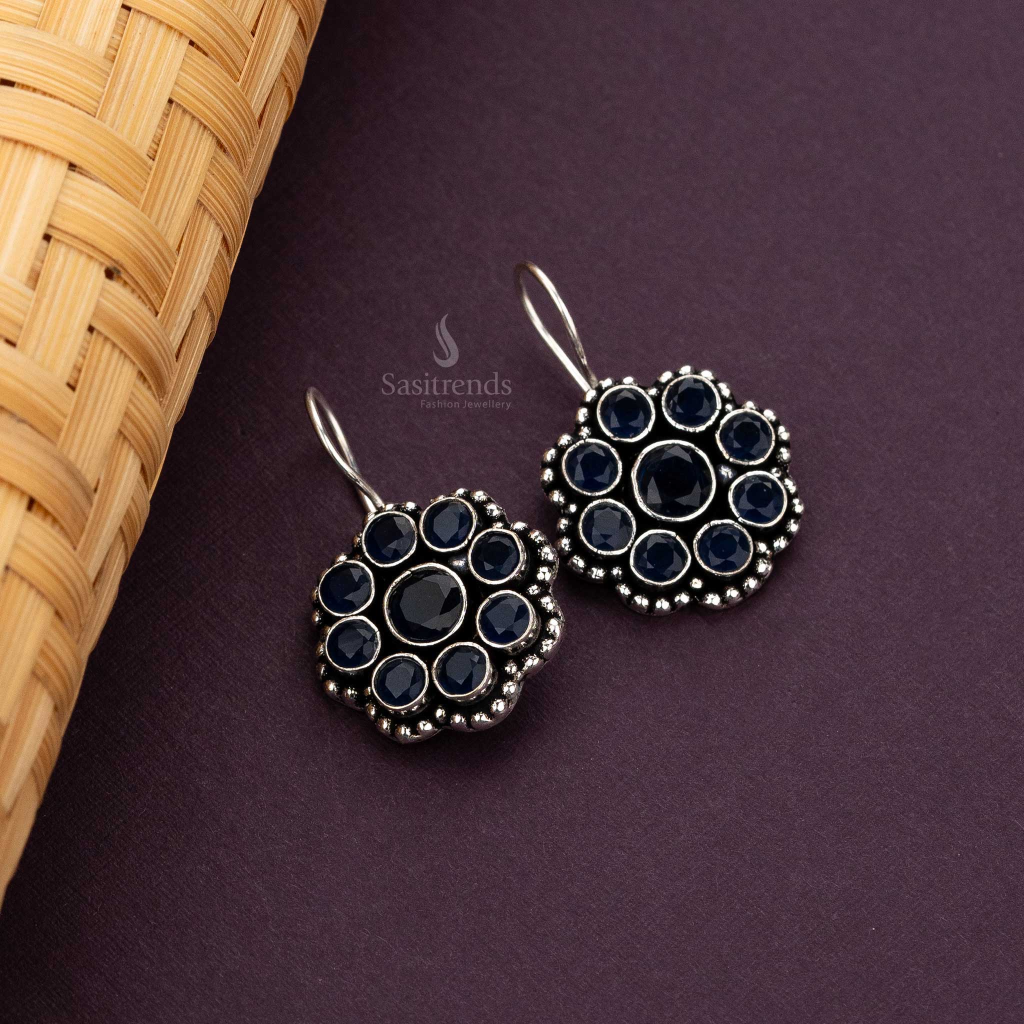 Sasitrends - Oxidised Silver Floral Drop Earrings with Multi-Coloured Stones - Image 6