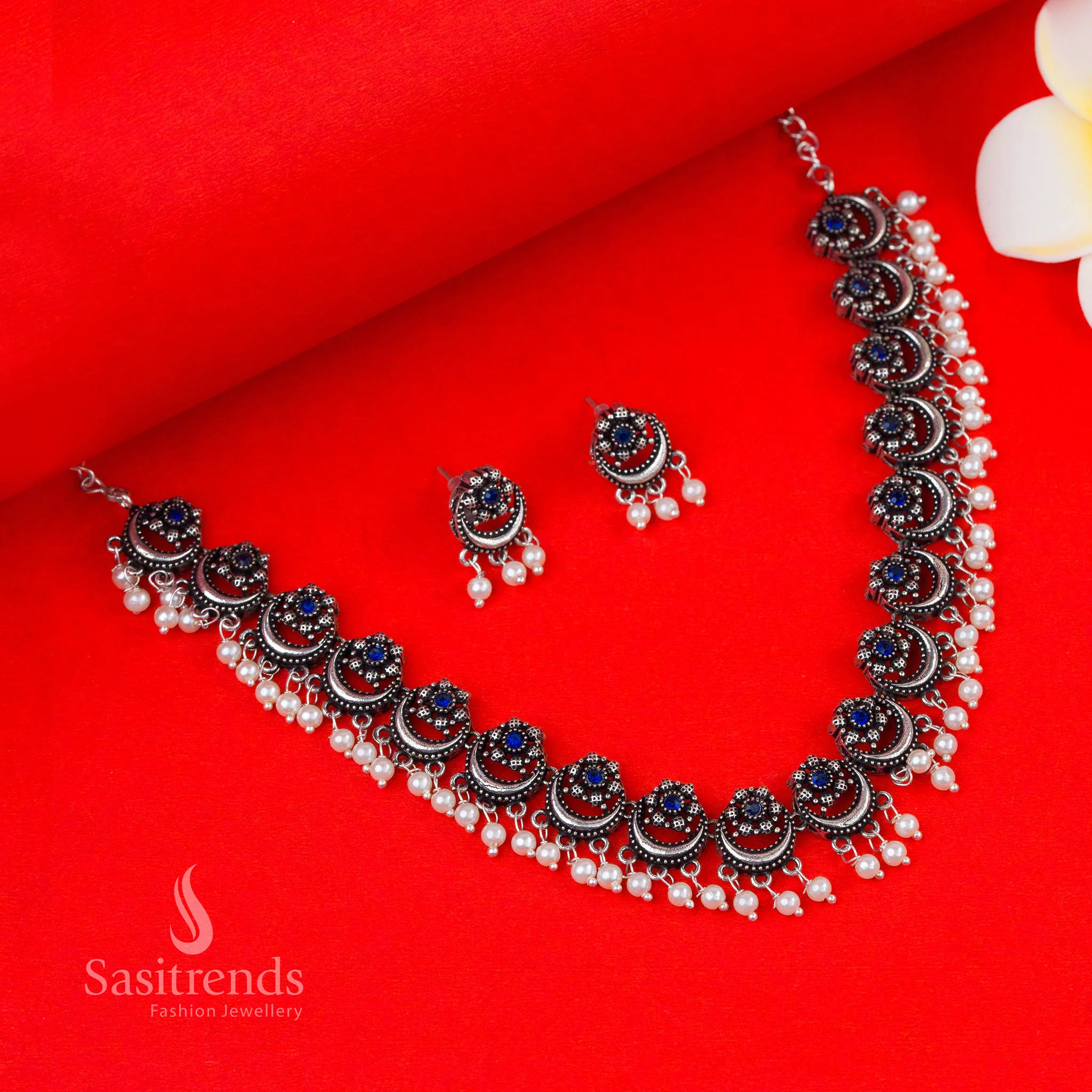 Stunning Latest Jewellery Set: Party Look Oxidised Silver Pearl Stones Necklace Jewellery Set - Floral & Half-Moon Motifs | Sasitrends - Image 11