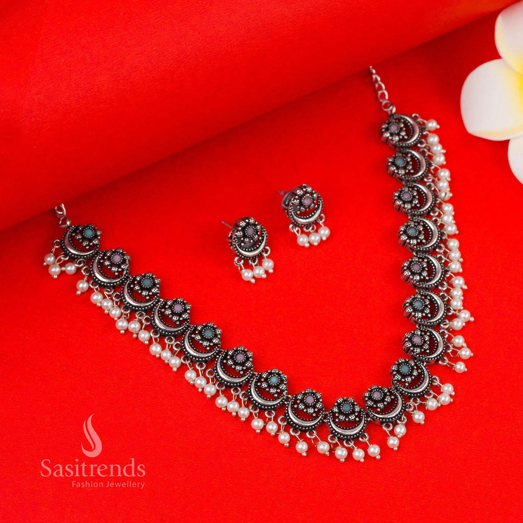 Stunning Latest Jewellery Set: Party Look Oxidised Silver Pearl Stones Necklace Jewellery Set - Floral & Half-Moon Motifs | Sasitrends - Image 7