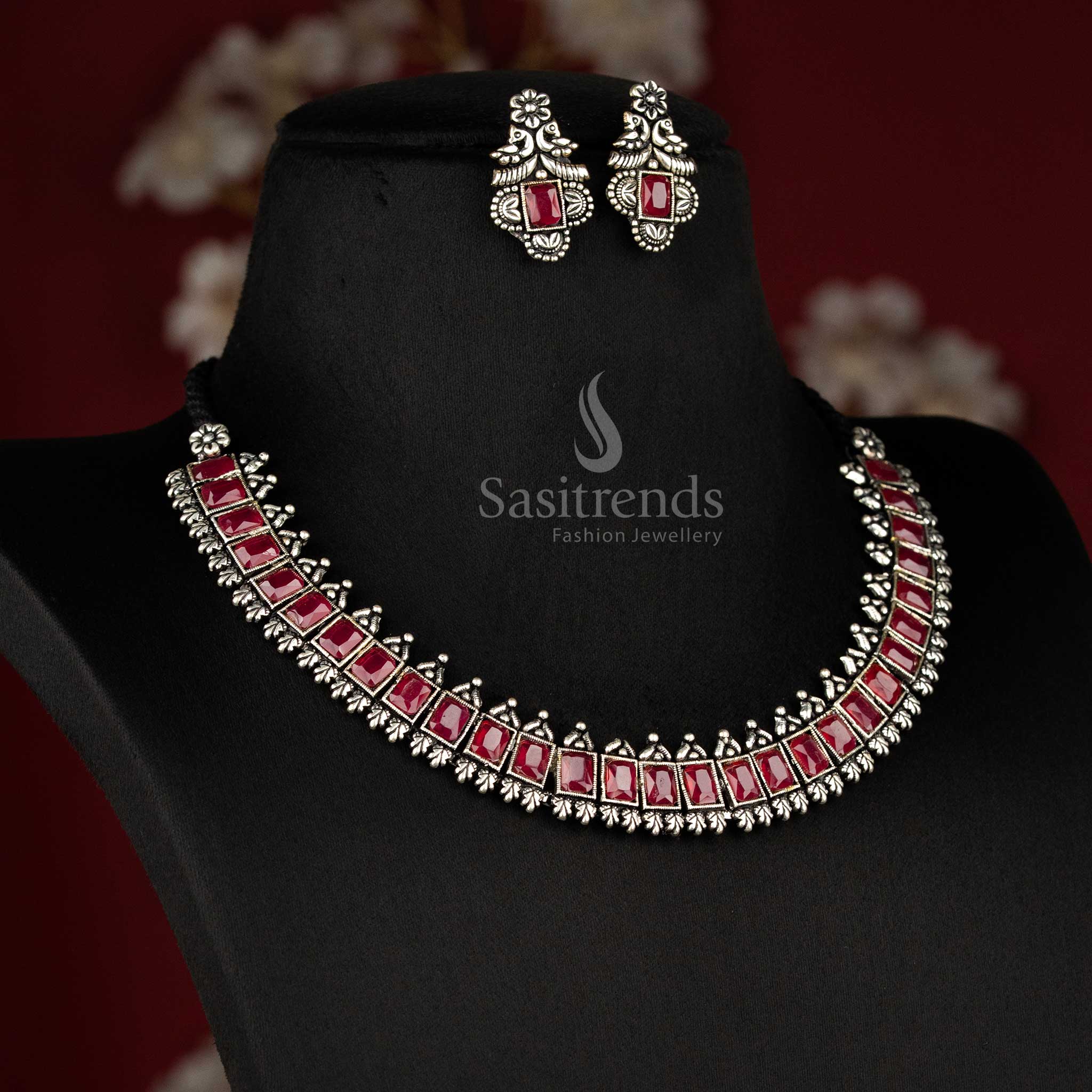 Gorgeous Oxidised Rectangular Shaped Stones Necklace Jewellery Set for Party Wear - Online Shopping - Image 3