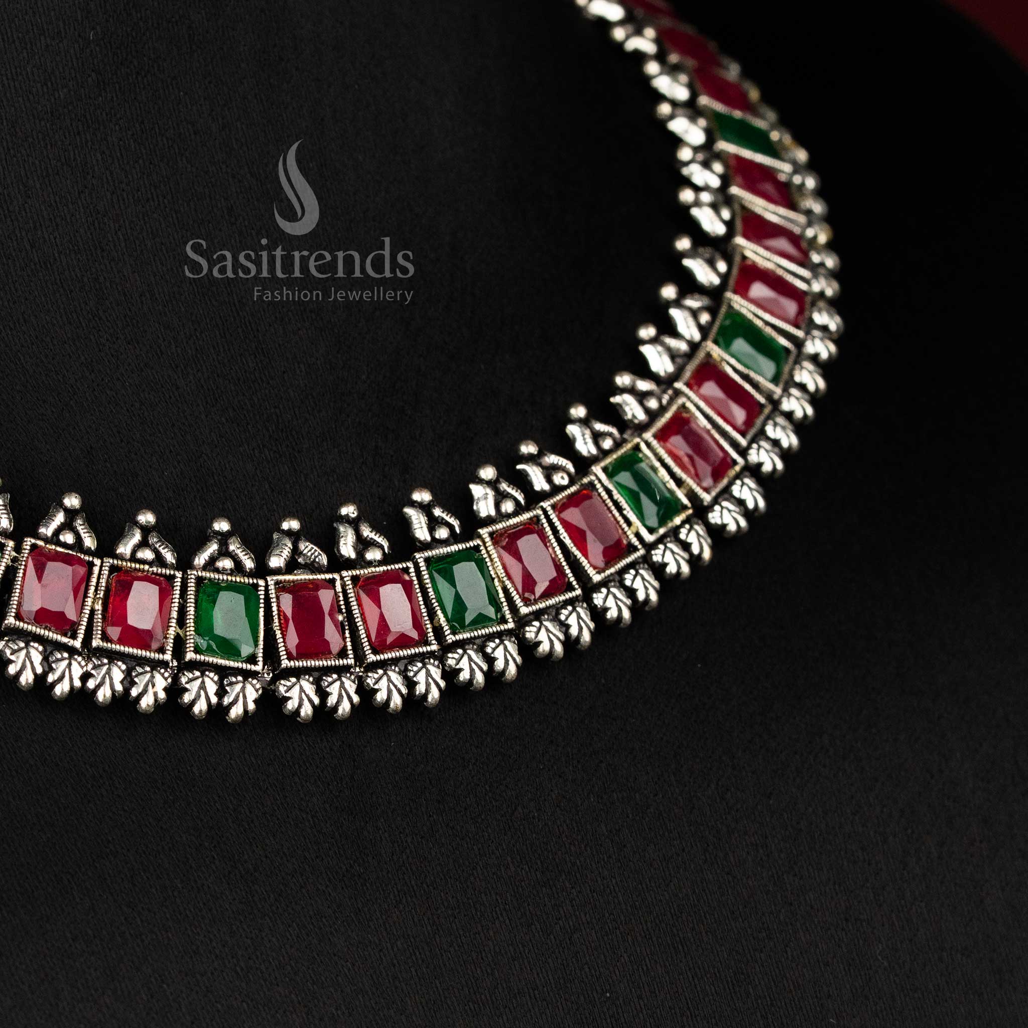 Gorgeous Oxidised Rectangular Shaped Stones Necklace Jewellery Set for Party Wear - Online Shopping - Image 4