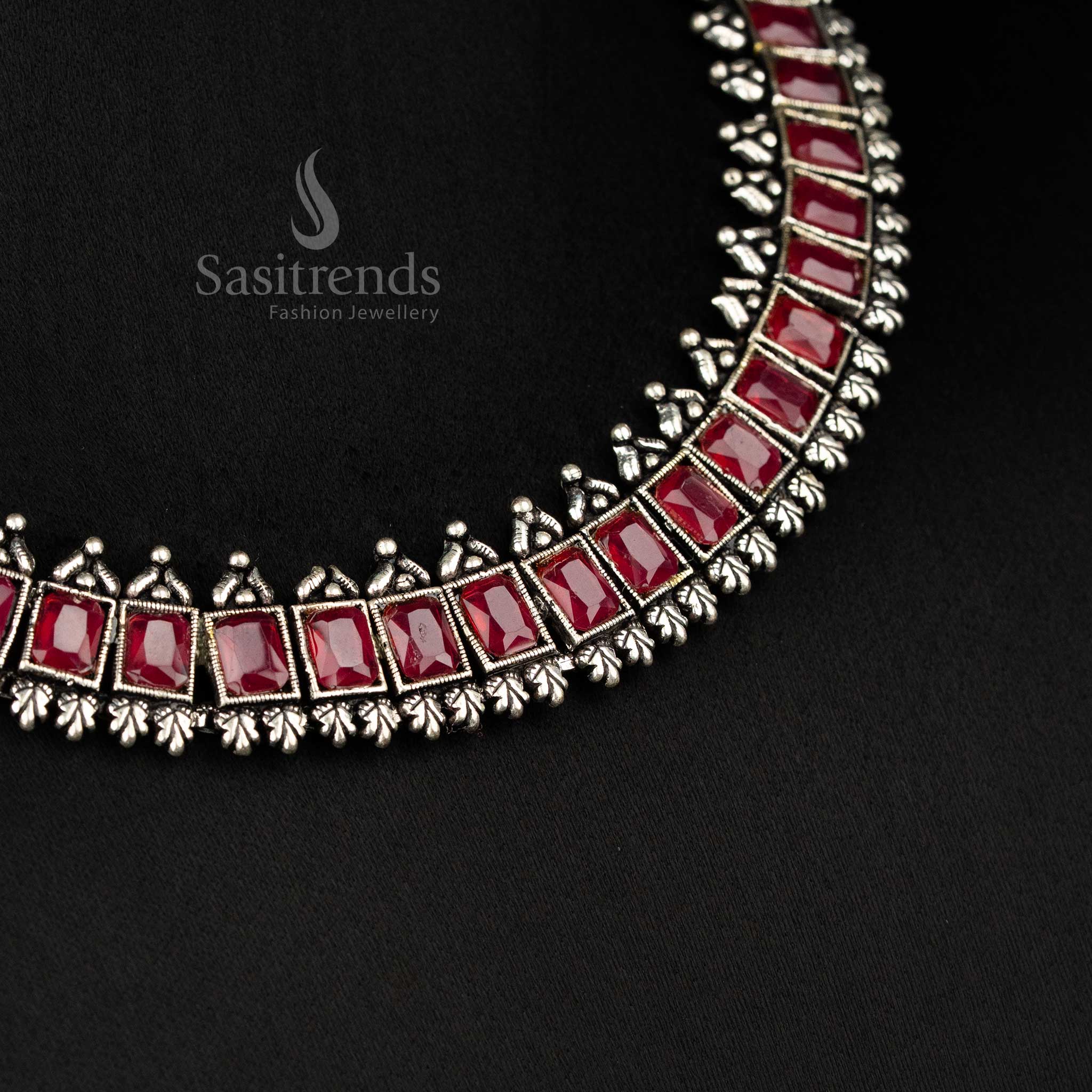 Gorgeous Oxidised Rectangular Shaped Stones Necklace Jewellery Set for Party Wear - Online Shopping - Image 5