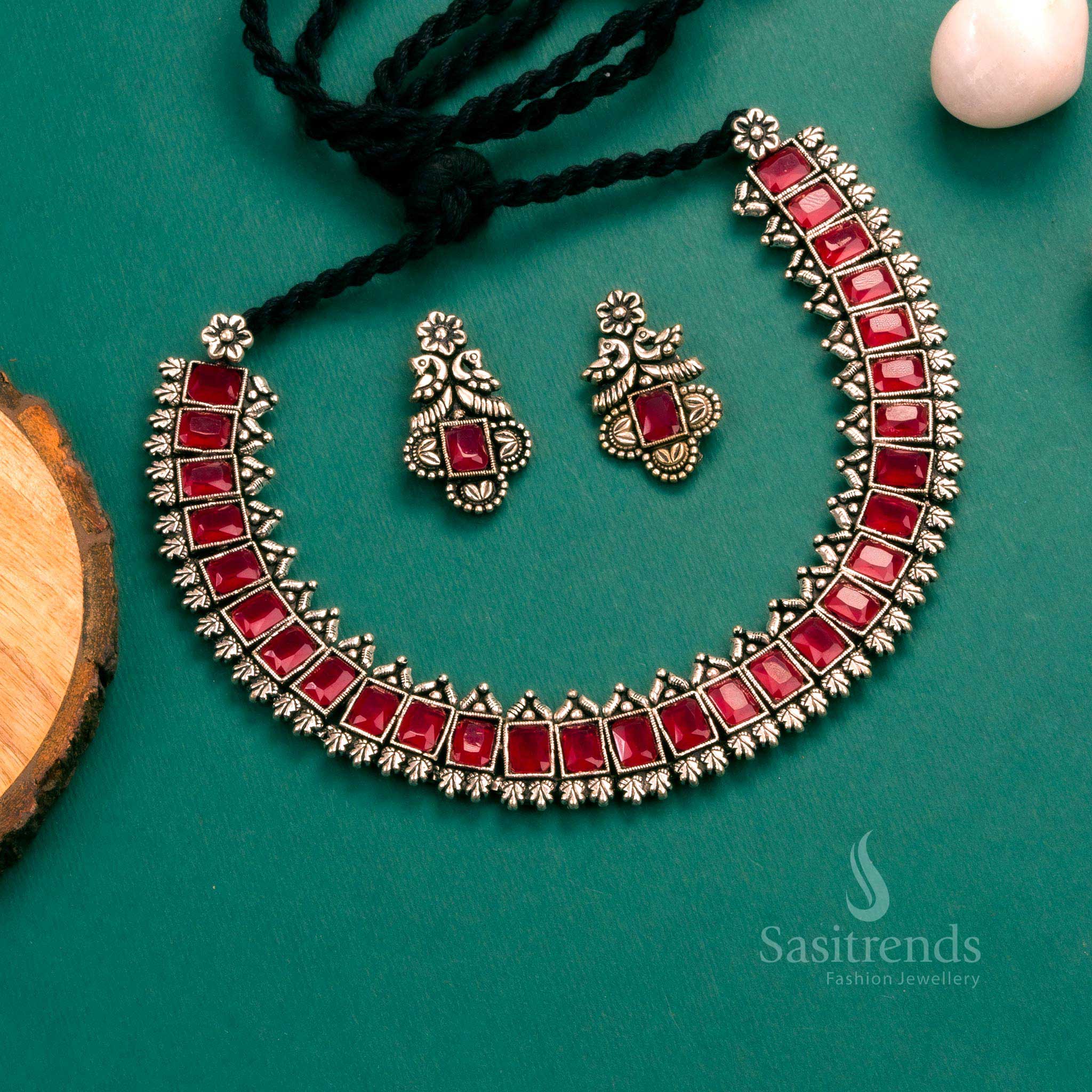 Gorgeous Oxidised Rectangular Shaped Stones Necklace Jewellery Set for Party Wear - Online Shopping - Image 7