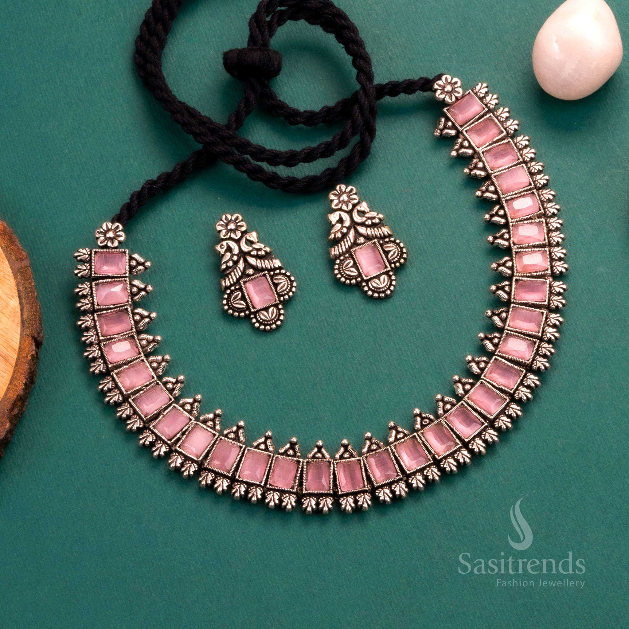 Gorgeous Oxidised Rectangular Shaped Stones Necklace Jewellery Set for Party Wear - Online Shopping - Image 9