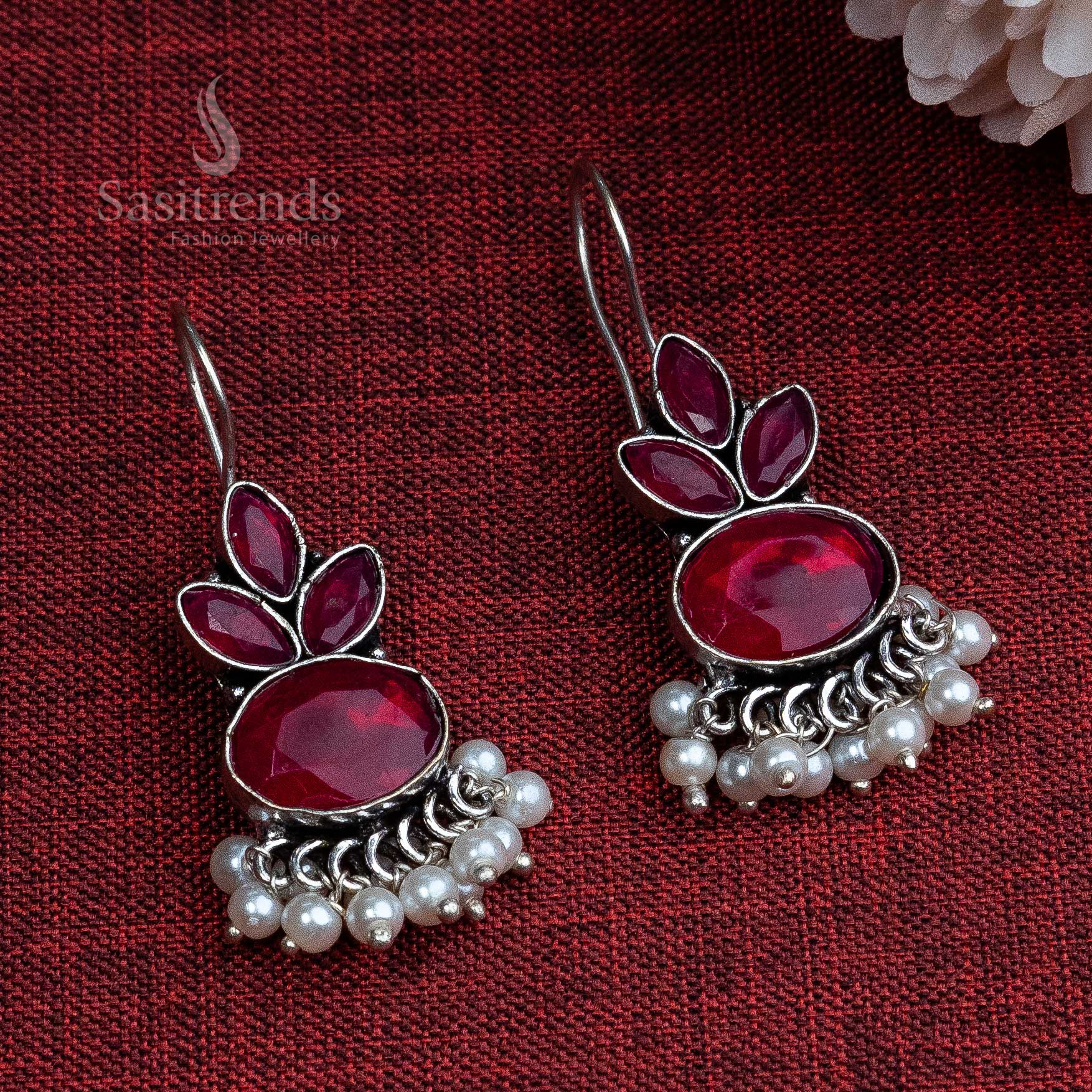 Elegant Oxidised German Silver Hook Stud Earrings with Dangling Pearl | Sasitrends - Image 3