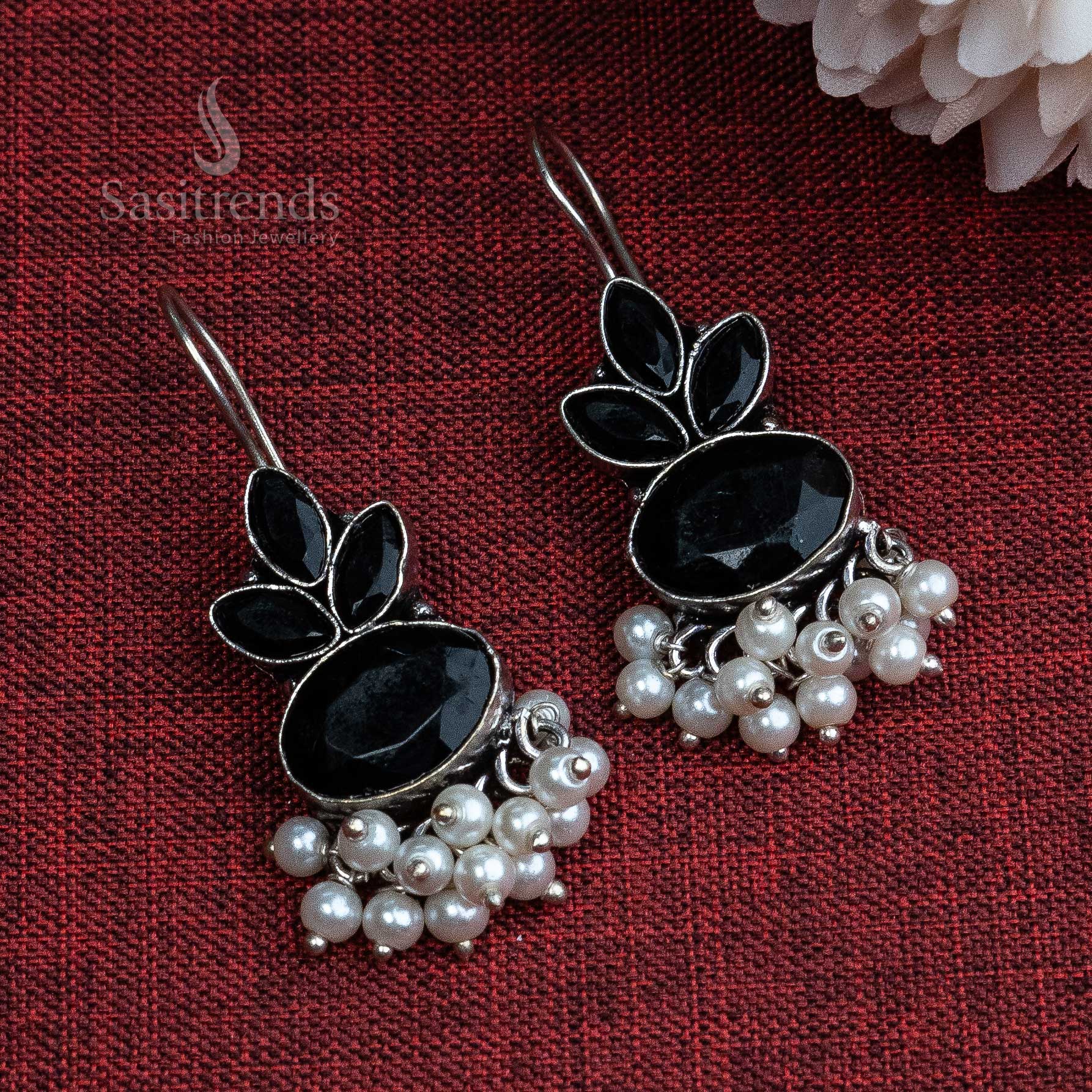 Elegant Oxidised German Silver Hook Stud Earrings with Dangling Pearl | Sasitrends - Image 4