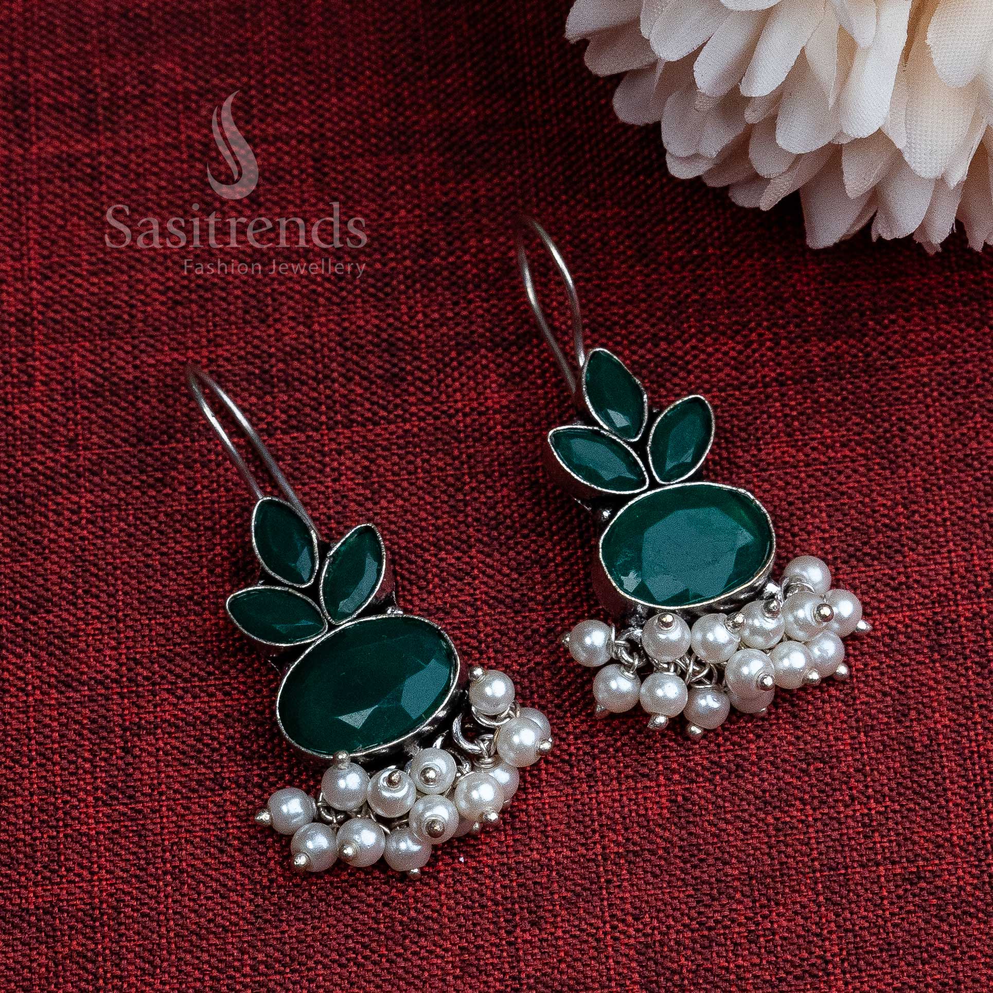 Elegant Oxidised German Silver Hook Stud Earrings with Dangling Pearl | Sasitrends - Image 5