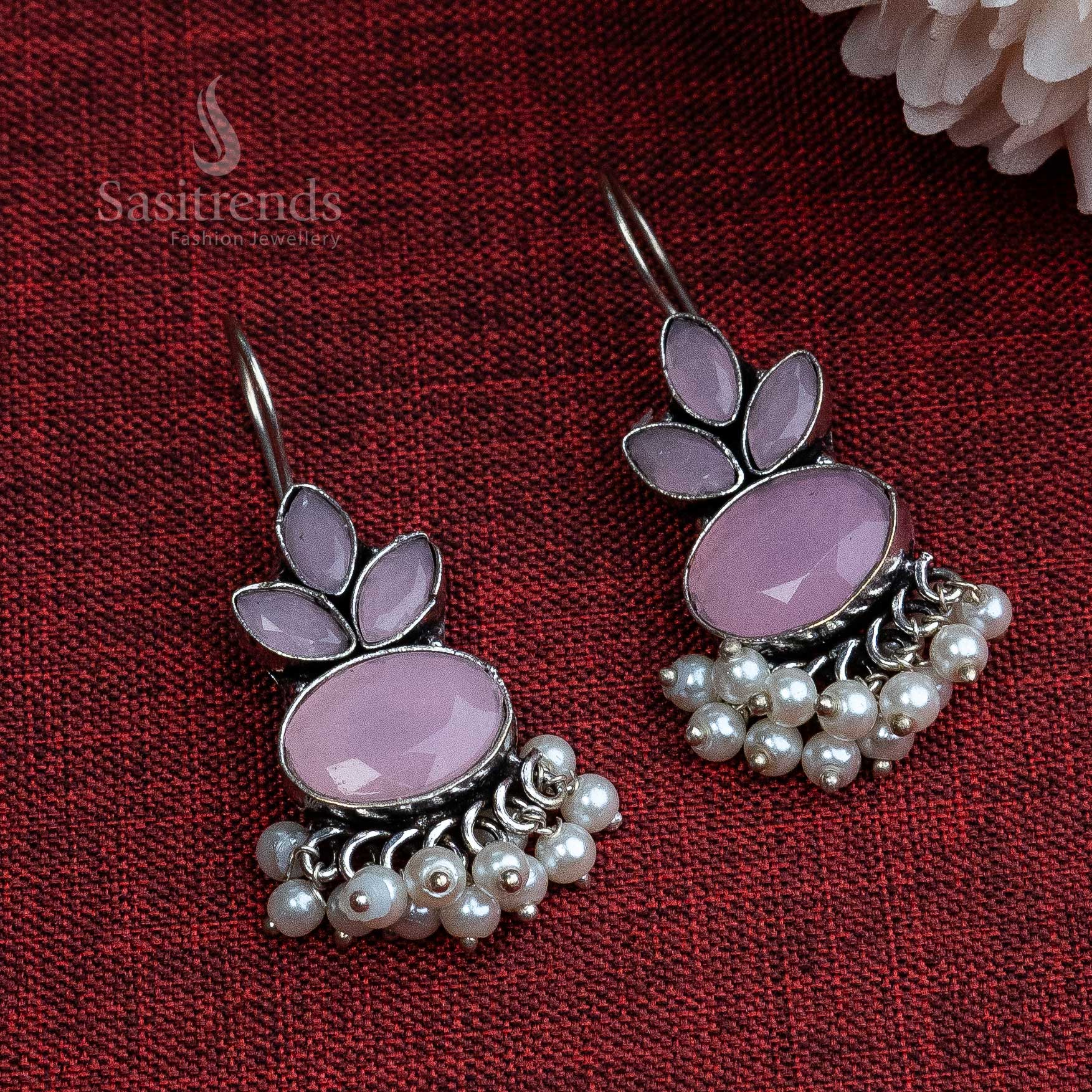 Elegant Oxidised German Silver Hook Stud Earrings with Dangling Pearl | Sasitrends - Image 6
