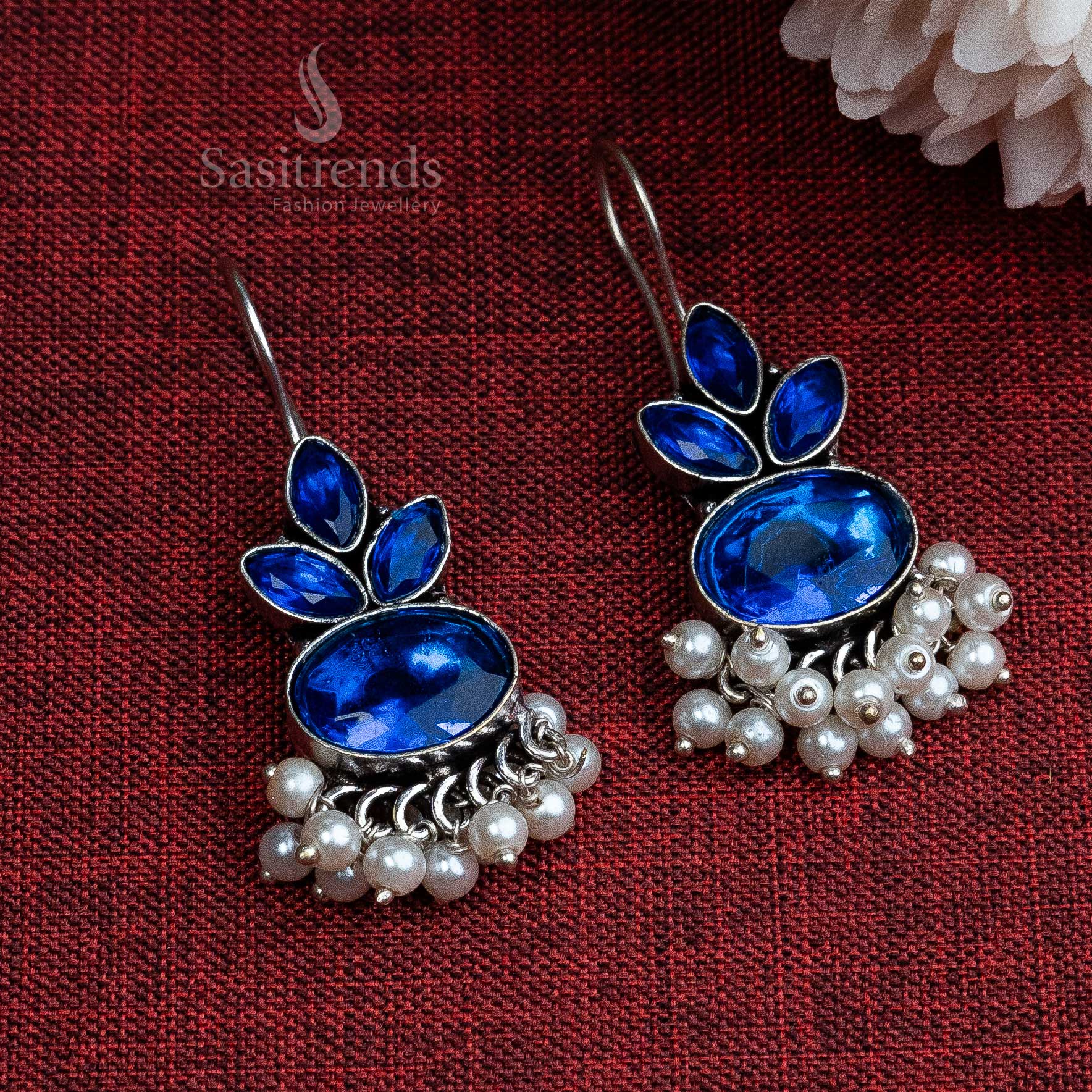 Elegant Oxidised German Silver Hook Stud Earrings with Dangling Pearl | Sasitrends - Image 7