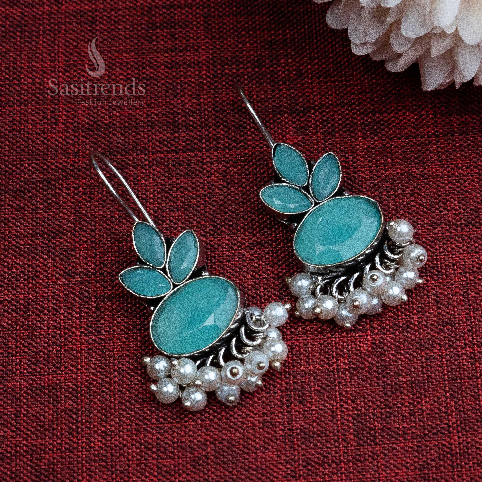 Elegant Oxidised German Silver Hook Stud Earrings with Dangling Pearl | Sasitrends - Image 9