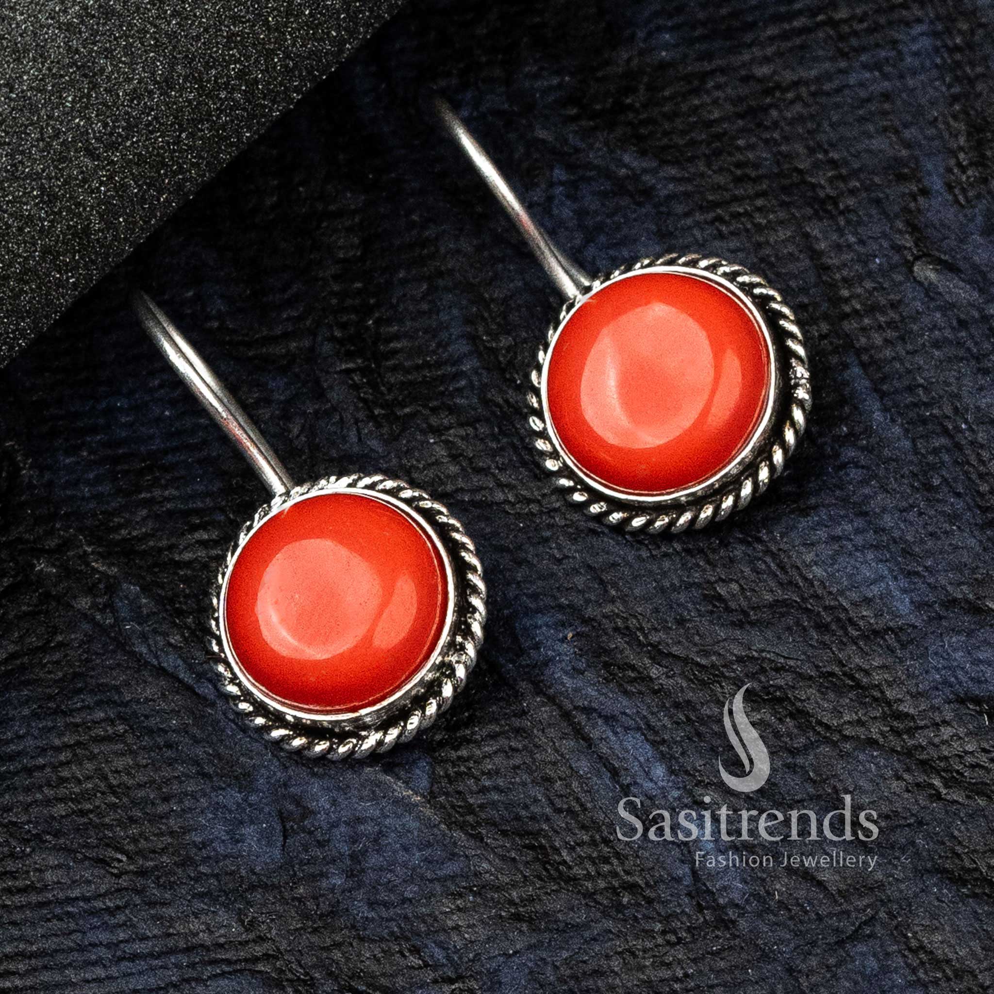 Elegant Oxidised German Silver Circular Designer Earrings with Monalisa Stone - Sasitrends - Image 3