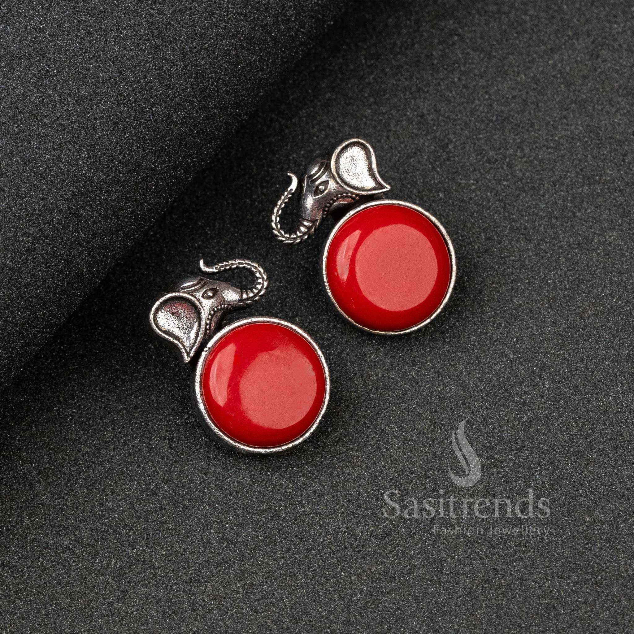 Sasitrends - Elephant Designer Oxidised Silver Earrings with Monalisa Stones - Image 13