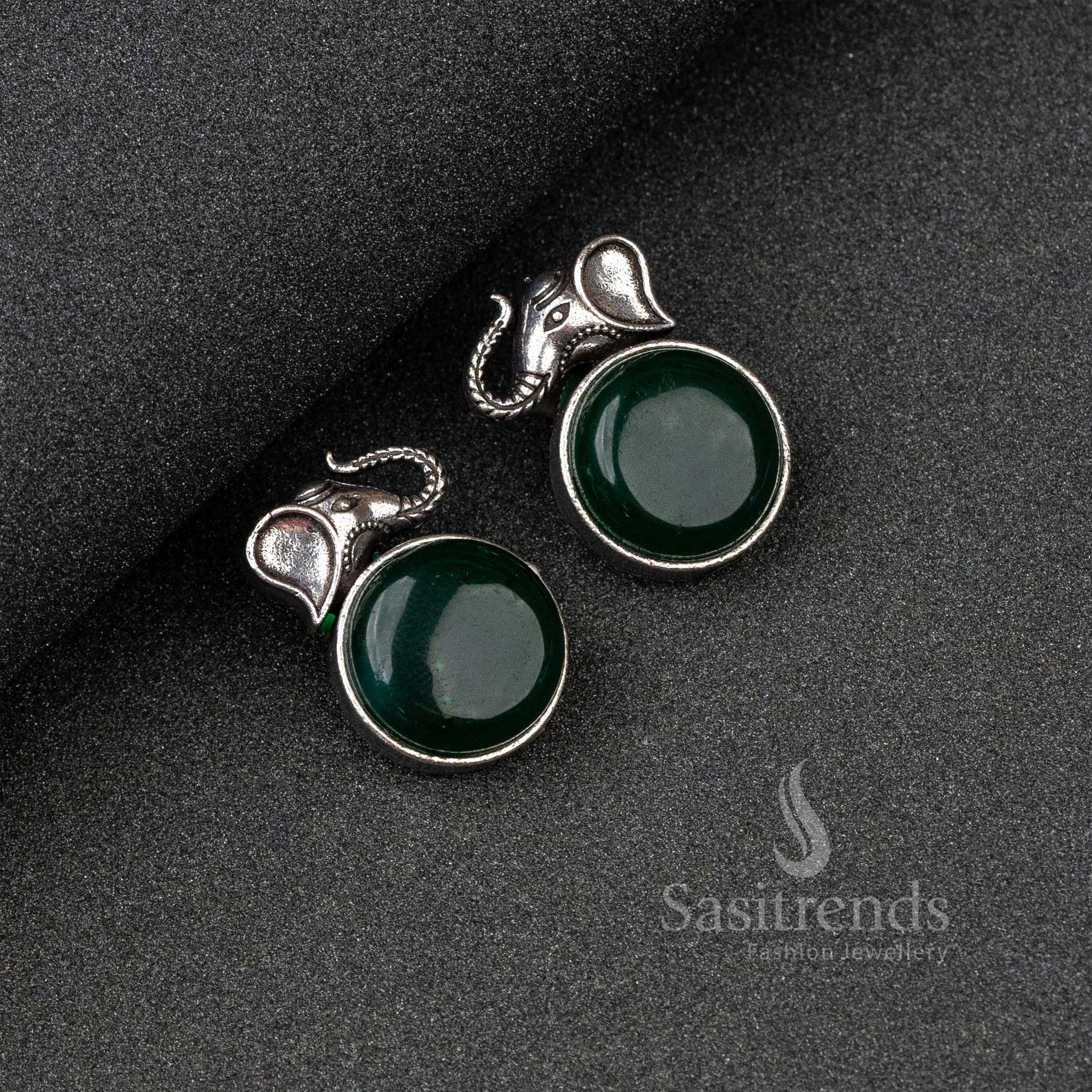 Sasitrends - Elephant Designer Oxidised Silver Earrings with Monalisa Stones - Image 8