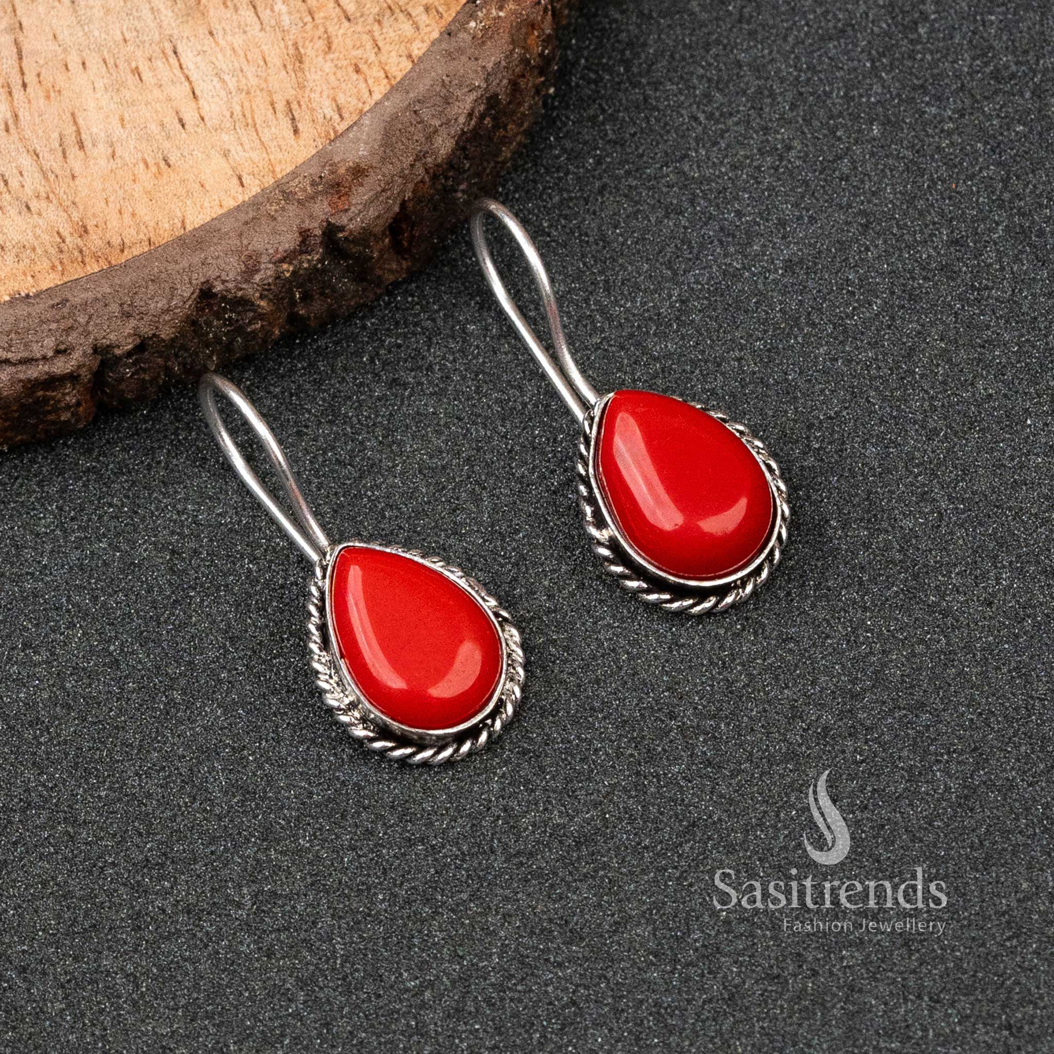 Sasitrends | Elegant Oxidised Silver Water Drop Monalisa Stones Earrings - Image 10