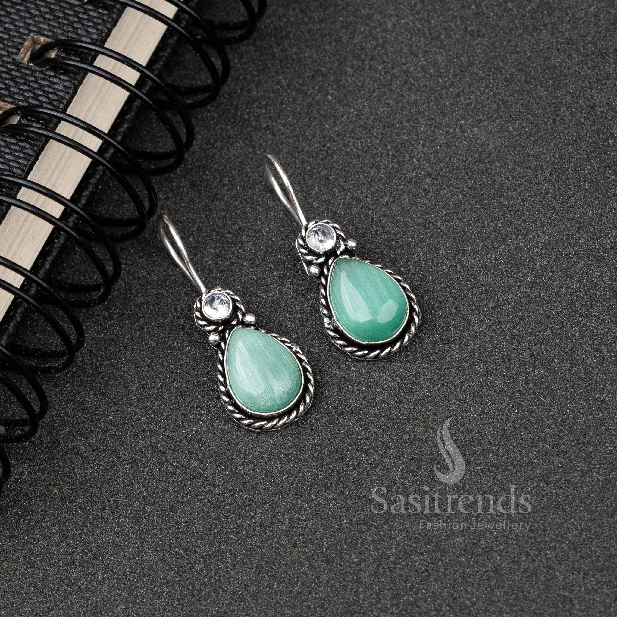 Elegant Oxidised Silver Water Drop Earrings with Monalisa and AD Stones - Sasitrends - Image 11