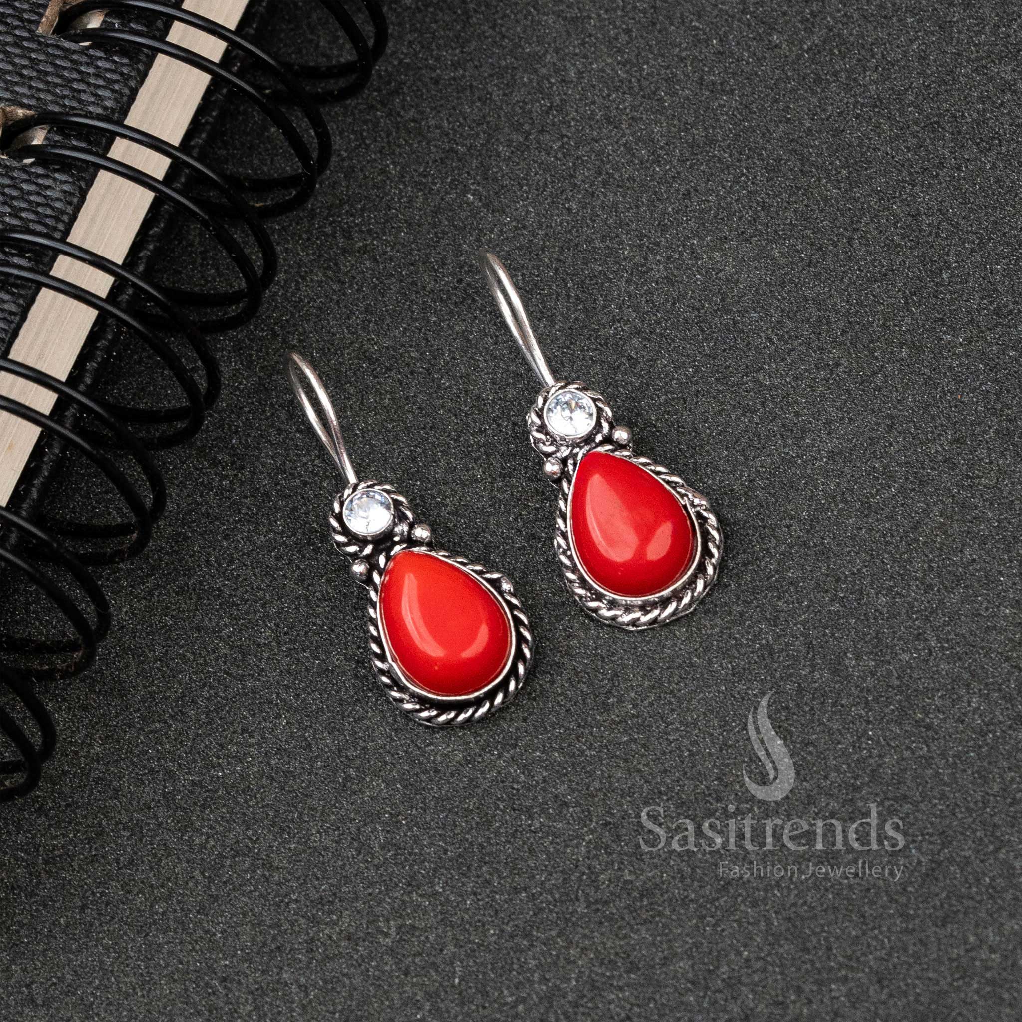 Elegant Oxidised Silver Water Drop Earrings with Monalisa and AD Stones - Sasitrends - Image 5