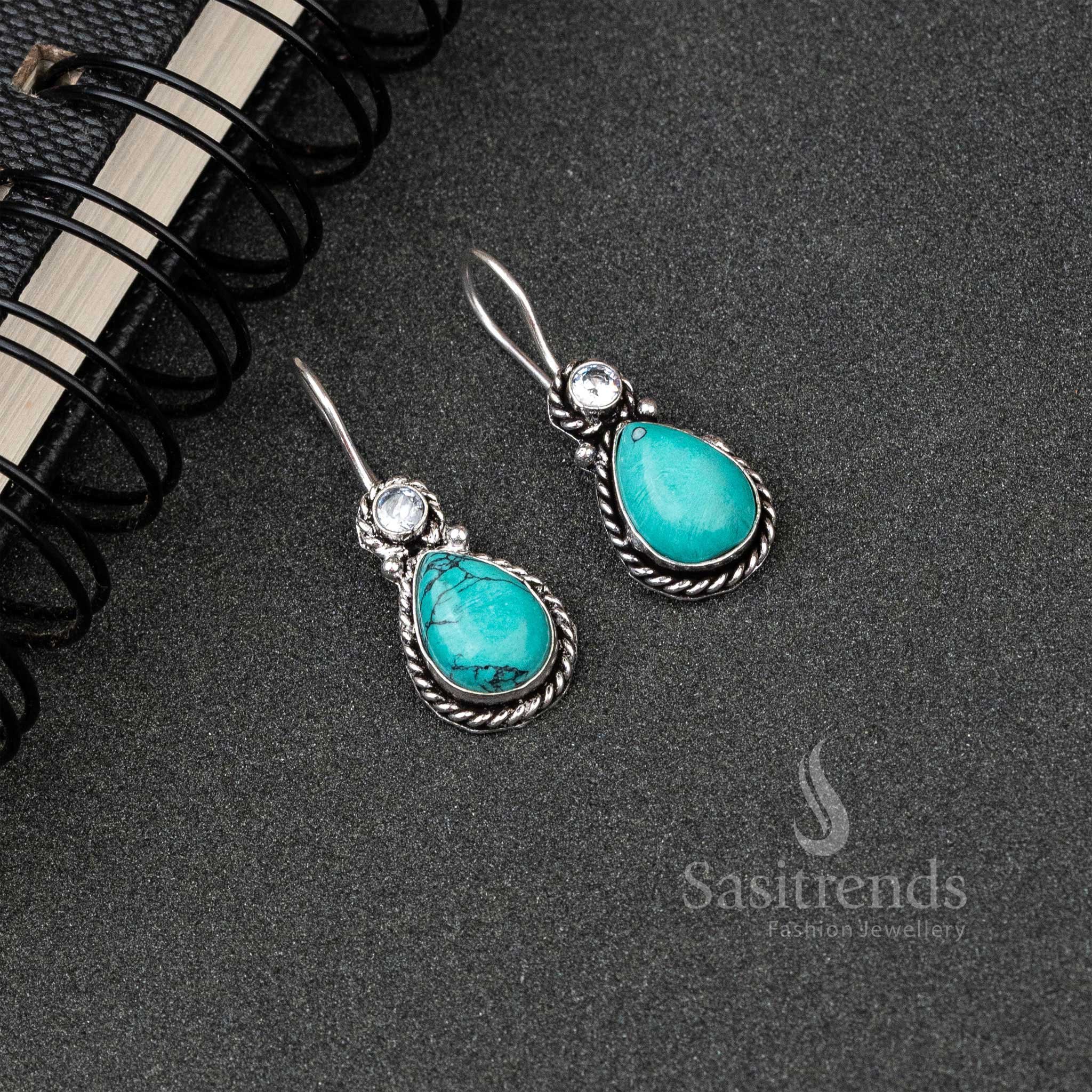 Elegant Oxidised Silver Water Drop Earrings with Monalisa and AD Stones - Sasitrends - Image 9