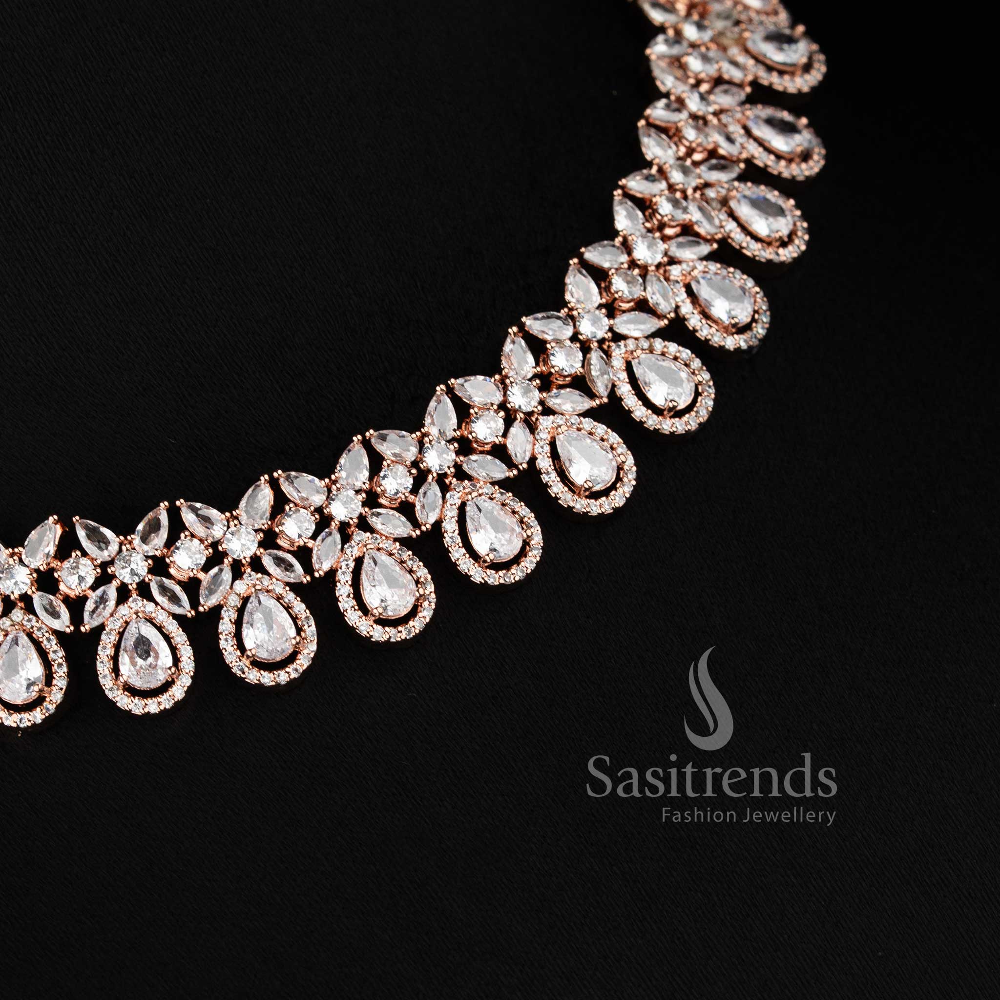 Trendy Rhodium Silver & Rose Gold American Diamond Necklace Set for Party, Engagement & Reception - Sasitrends - Image 20