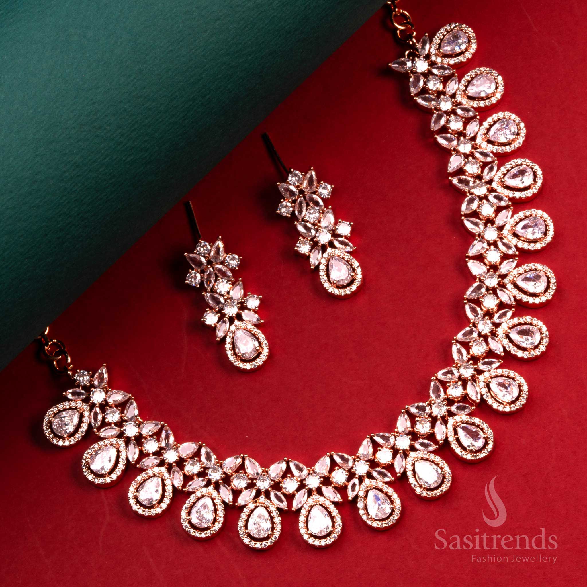 Trendy Rhodium Silver & Rose Gold American Diamond Necklace Set for Party, Engagement & Reception - Sasitrends - Image 29