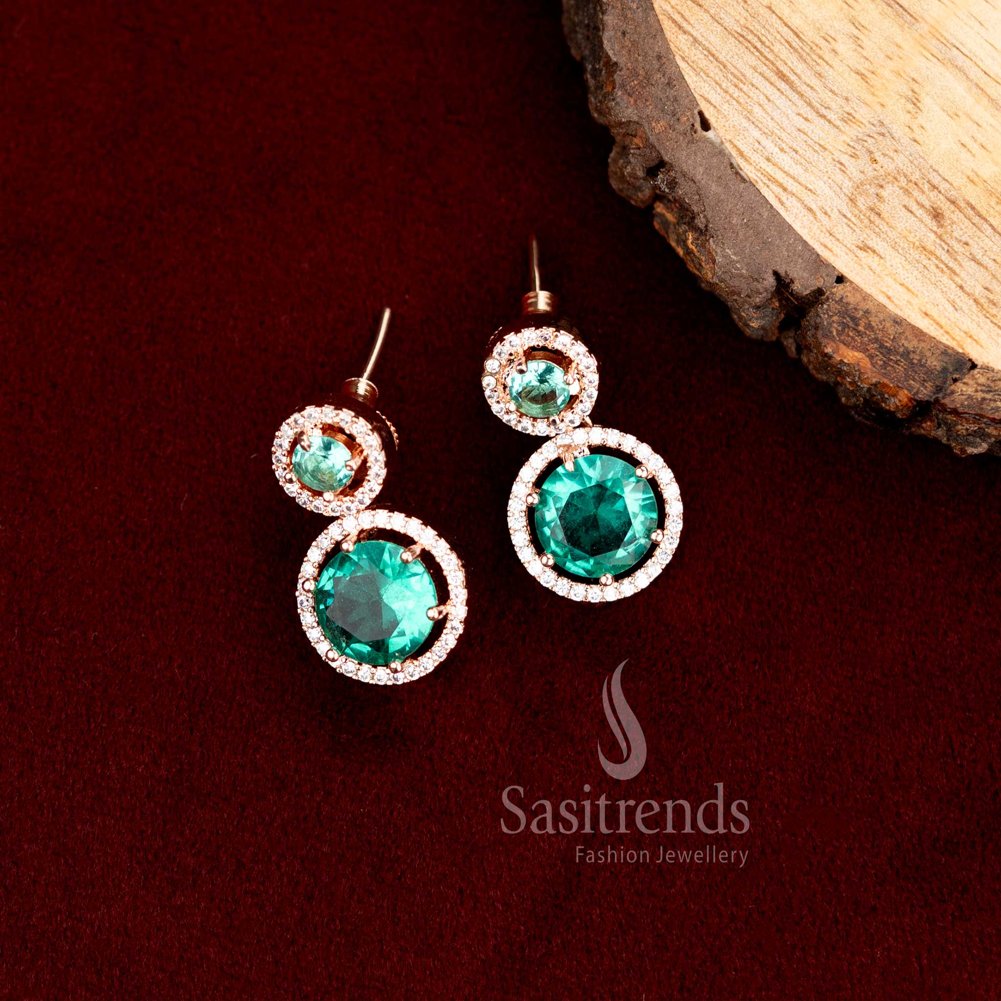 Trendy Royal Round Rose Gold Earrings with American Diamond Stones | Sasitrends - Image 10