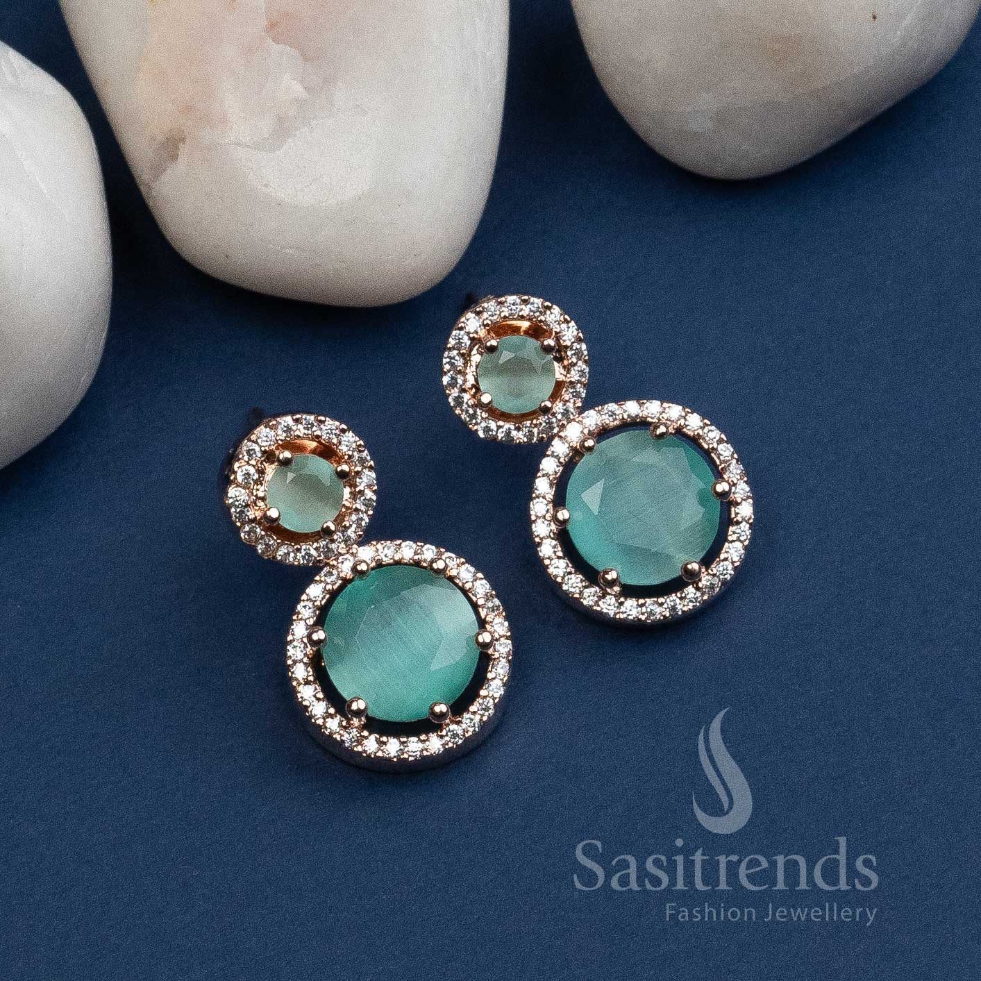 Trendy Royal Round Rose Gold Earrings with American Diamond Stones | Sasitrends - Image 3
