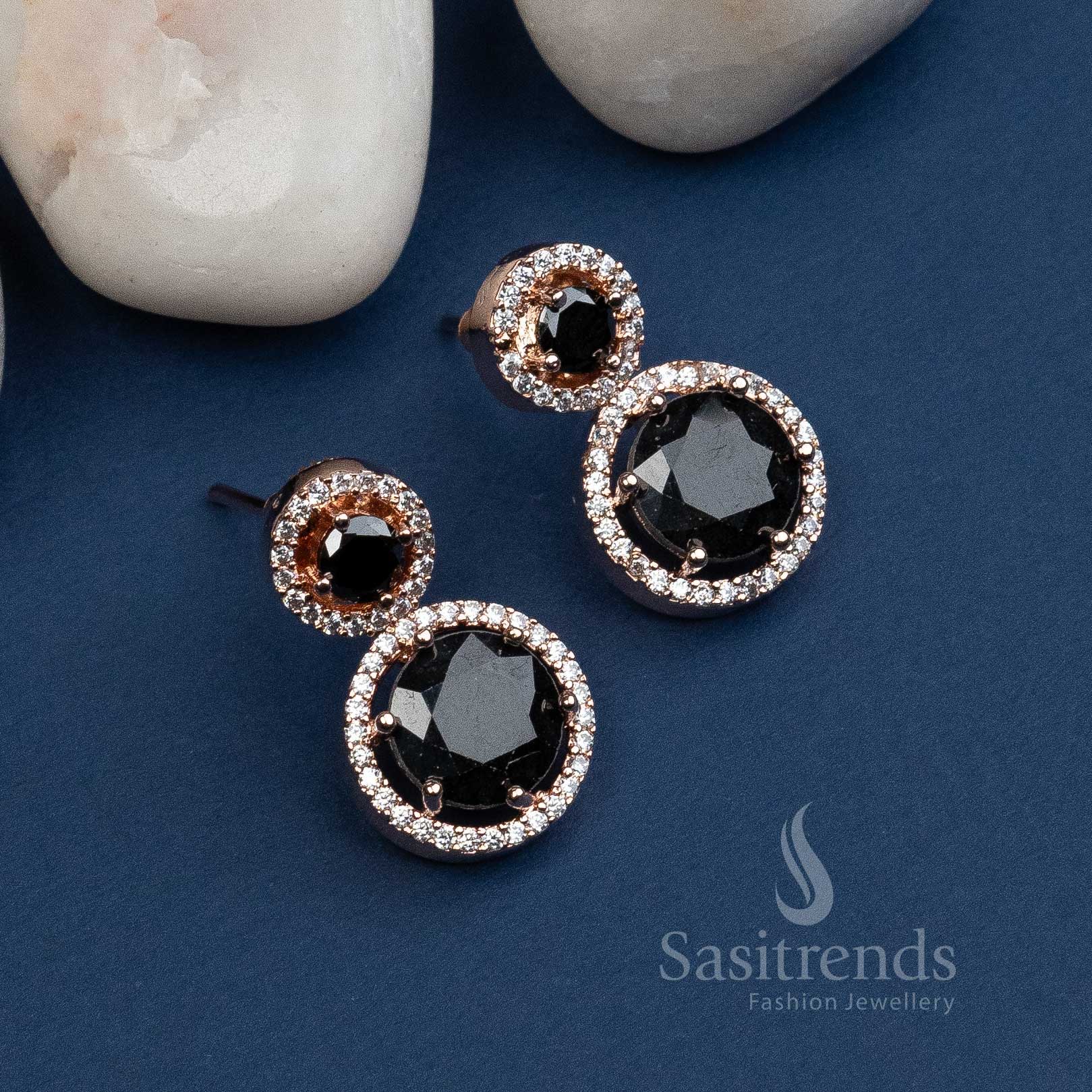 Trendy Royal Round Rose Gold Earrings with American Diamond Stones | Sasitrends - Image 4