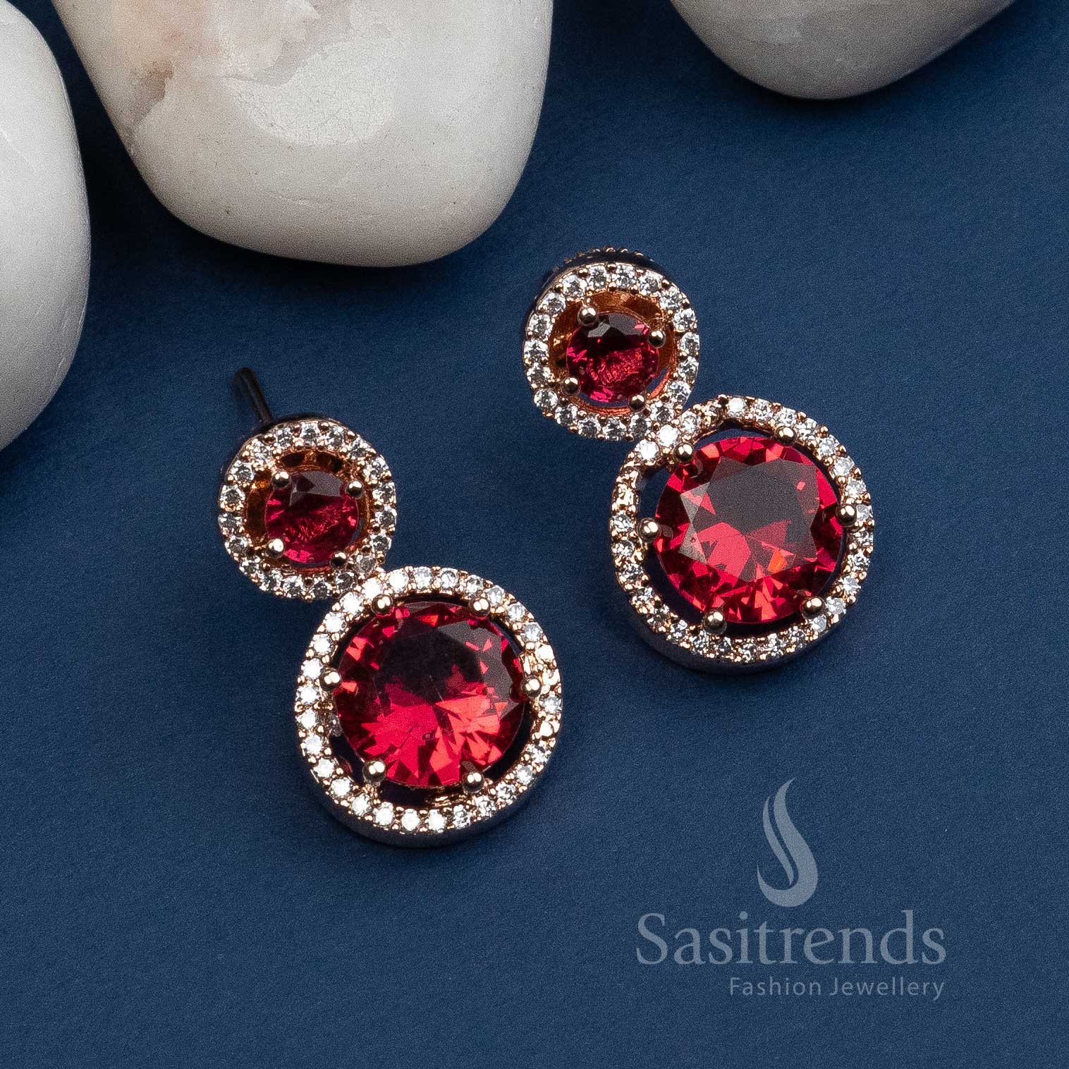 Trendy Royal Round Rose Gold Earrings with American Diamond Stones | Sasitrends - Image 5