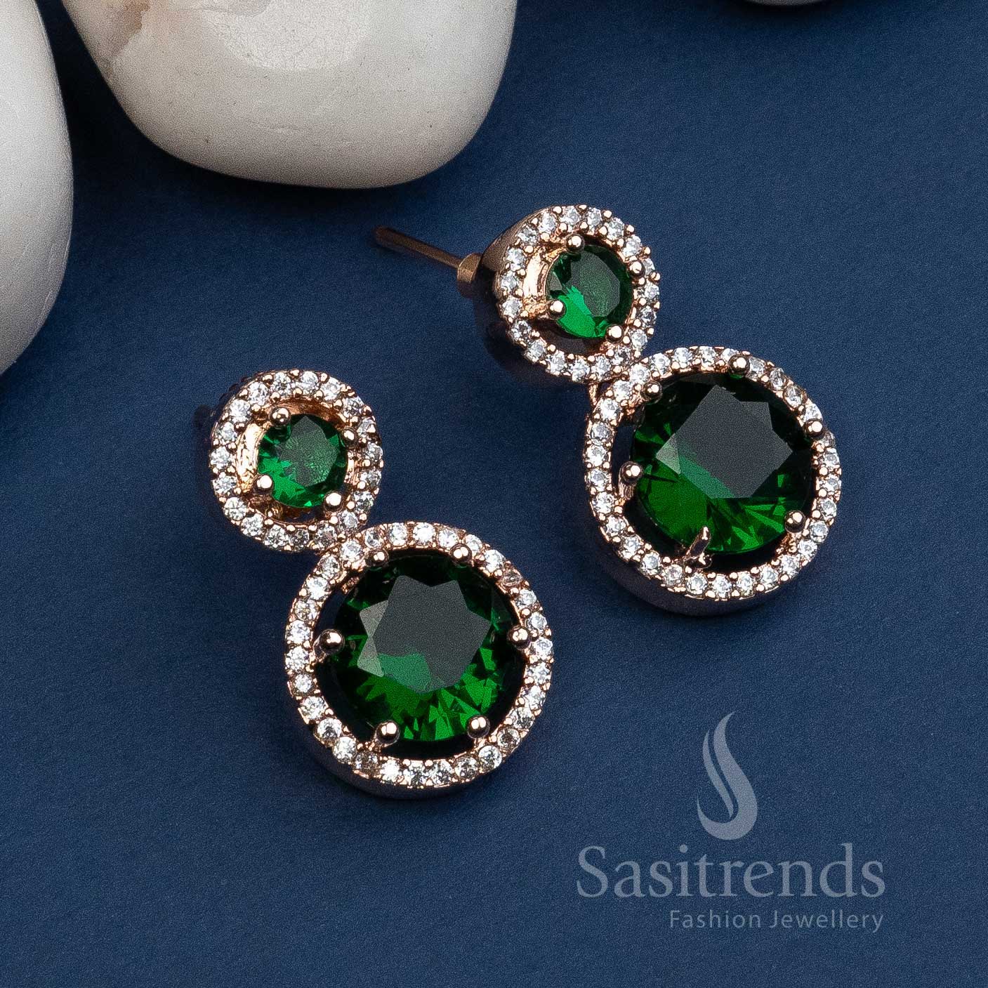 Trendy Royal Round Rose Gold Earrings with American Diamond Stones | Sasitrends - Image 6