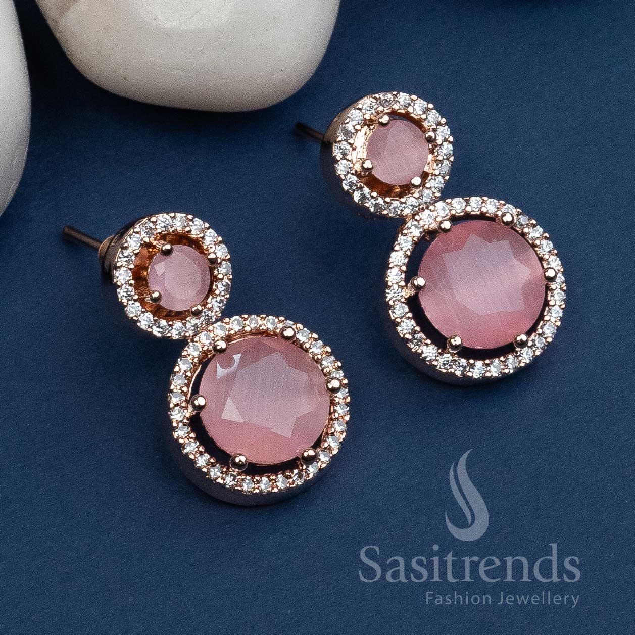 Trendy Royal Round Rose Gold Earrings with American Diamond Stones | Sasitrends - Image 7
